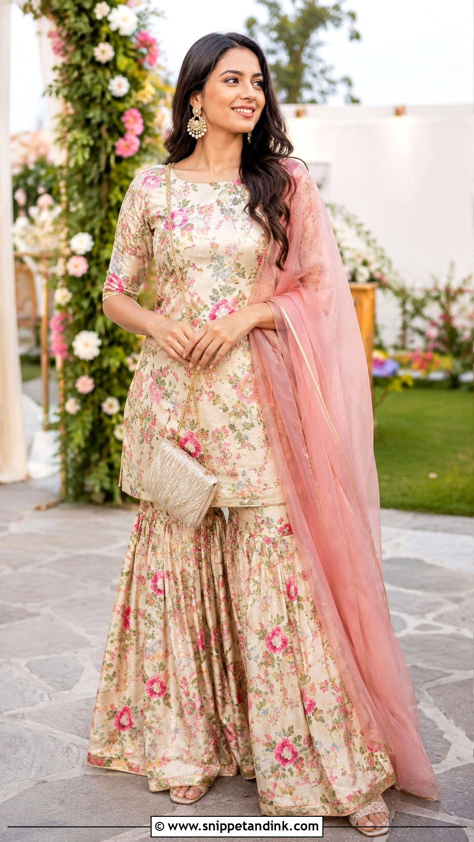 Floral Sharara With Plain Short Kurti - Snippet and Ink - 20 Pakistani Sharara Designs for Wedding