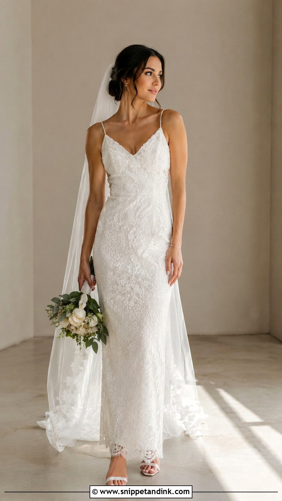 Floral Sheath Wedding Dress With Minimal Jewelry - Snippet and Ink - 25 Wedding Dresses with Flowers