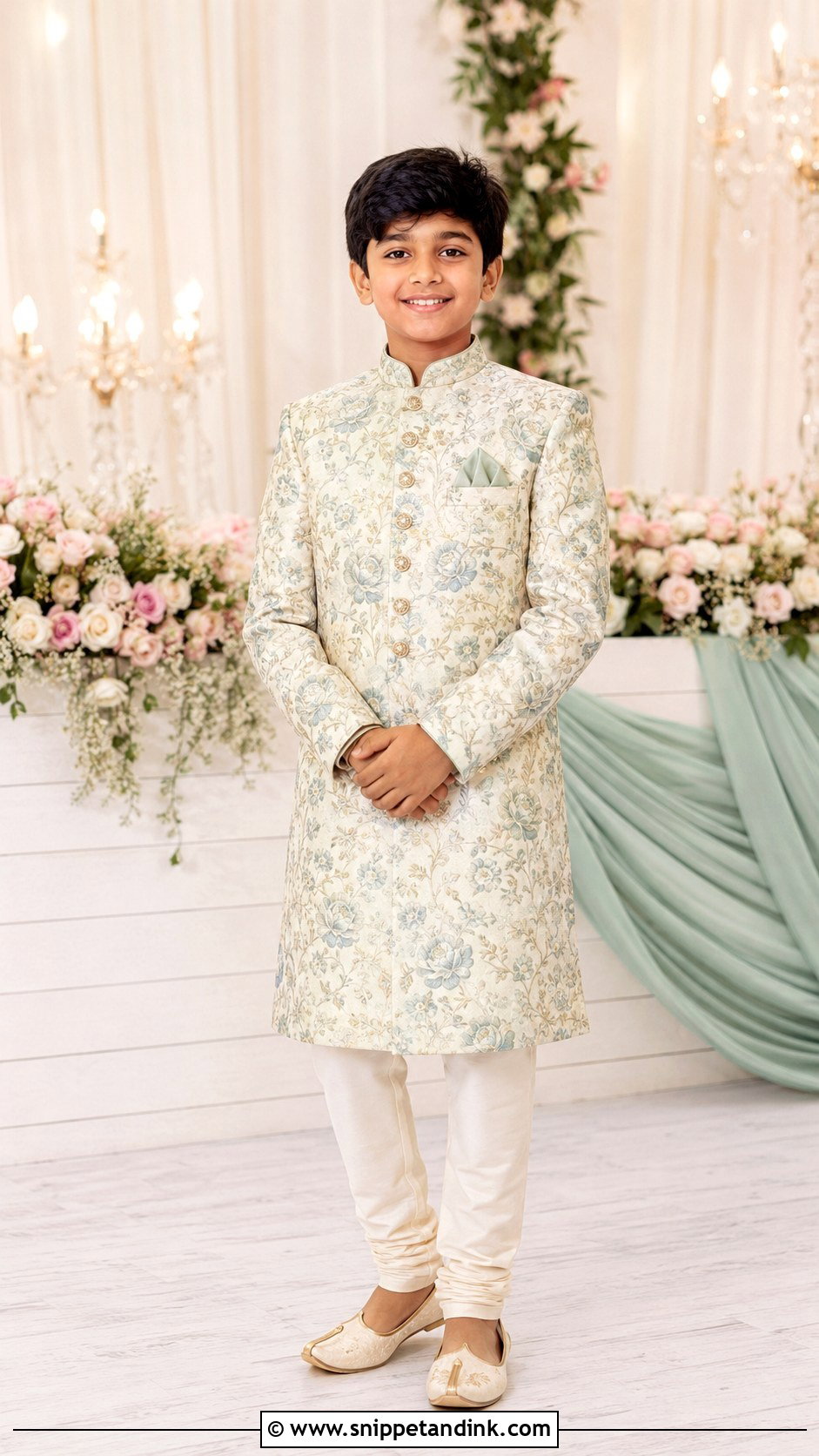 Floral Sherwani With Ivory Churidar - Snippet and Ink - 20 Boys Sangeet Outfit Ideas