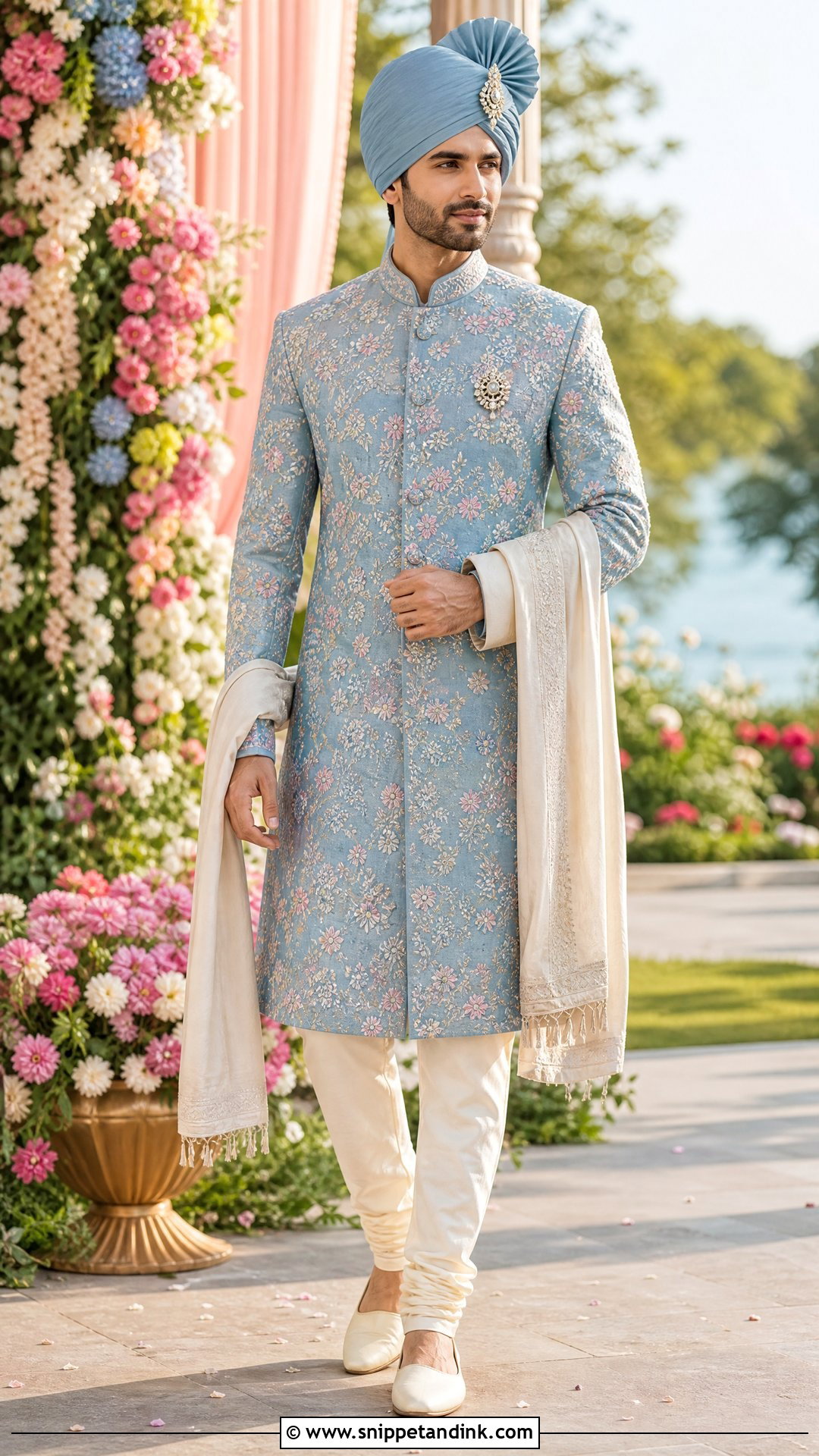 Floral Sherwani With Plain Churidar - Snippet and Ink - 20 Sherwani Wedding Ideas