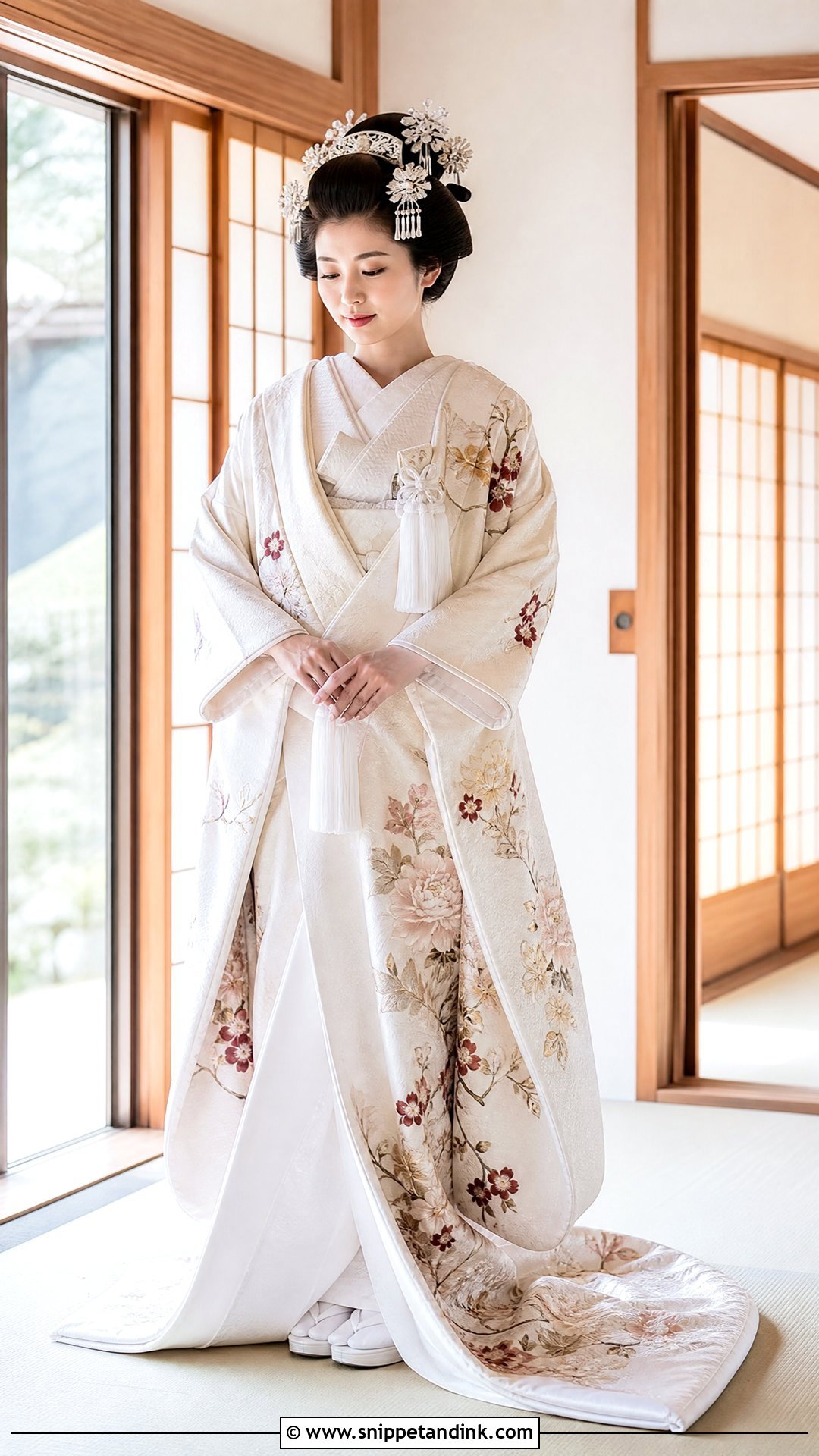 Floral Shiromuku With Shimada Hair - Snippet and Ink - 20 Shiromuku Wedding Kimono Ideas