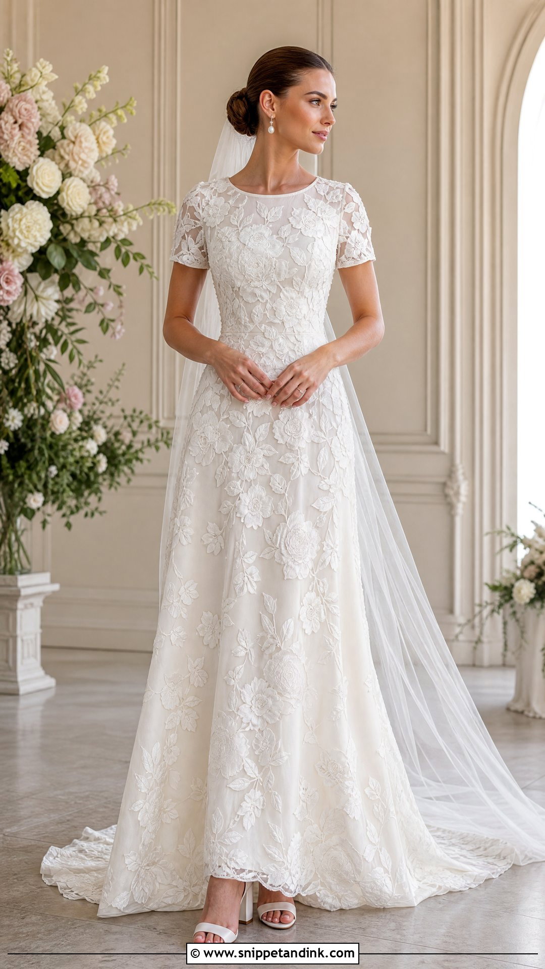 Floral Short Sleeve Lace Wedding Dress - Snippet and Ink - 20 Short Sleeve Lace Wedding Dress Ideas