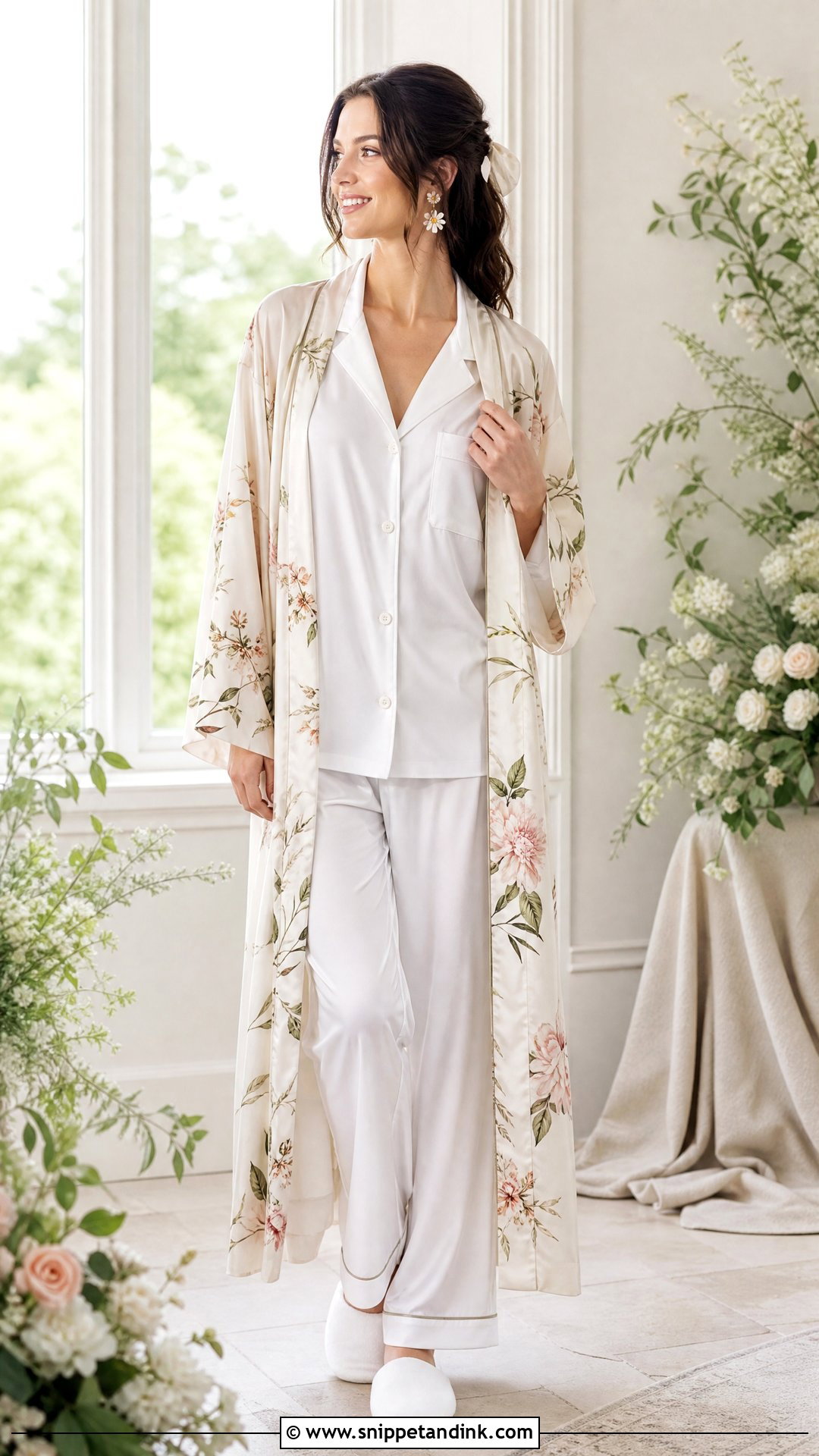 Floral Silk Bridal Robe With White Pajamas - Snippet and Ink - 20 Silk Bridal Robe Ideas
