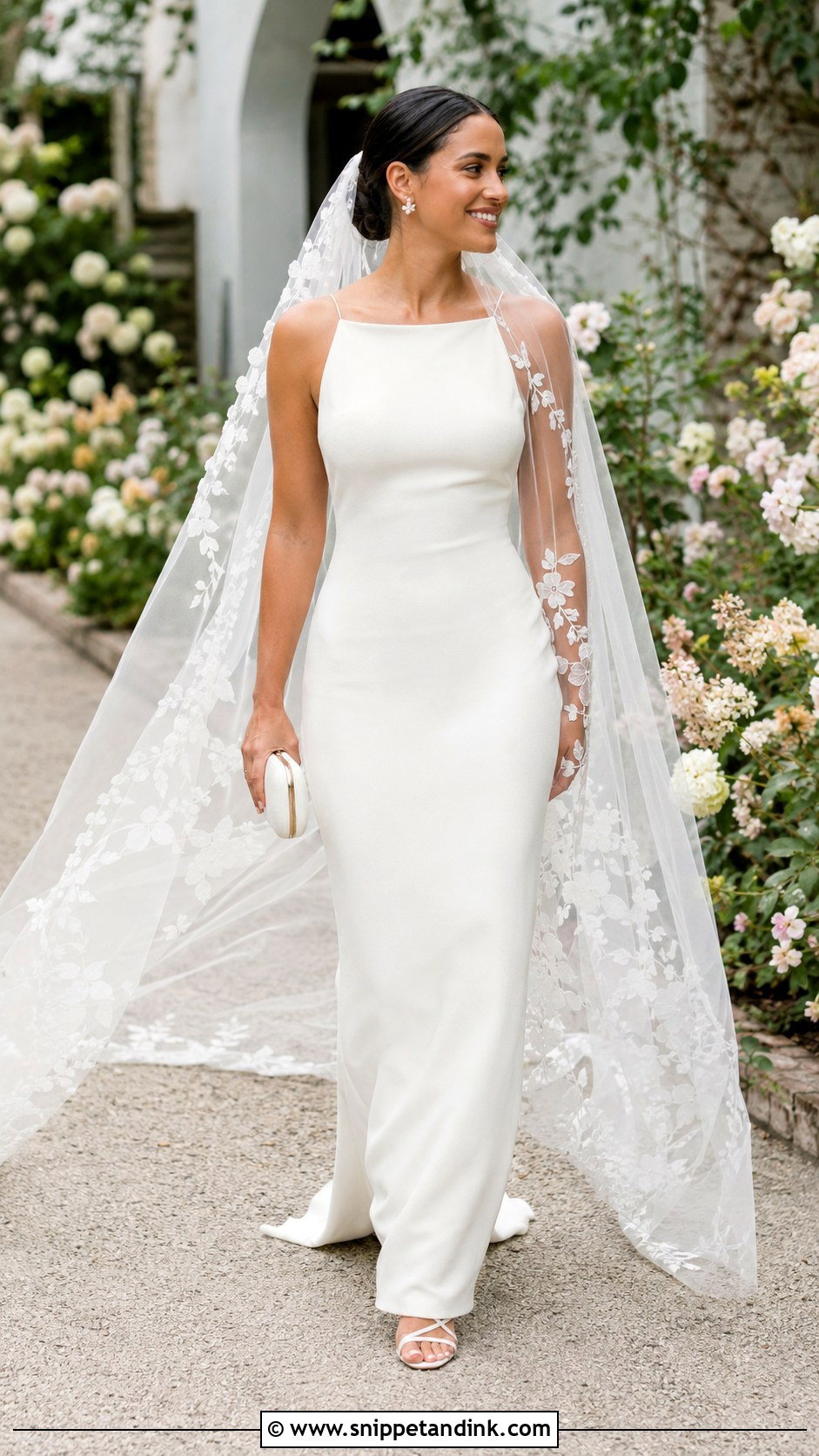 Floral Silk Veil With Simple Column Gown - Snippet and Ink - 20 Silk Veil Ideas
