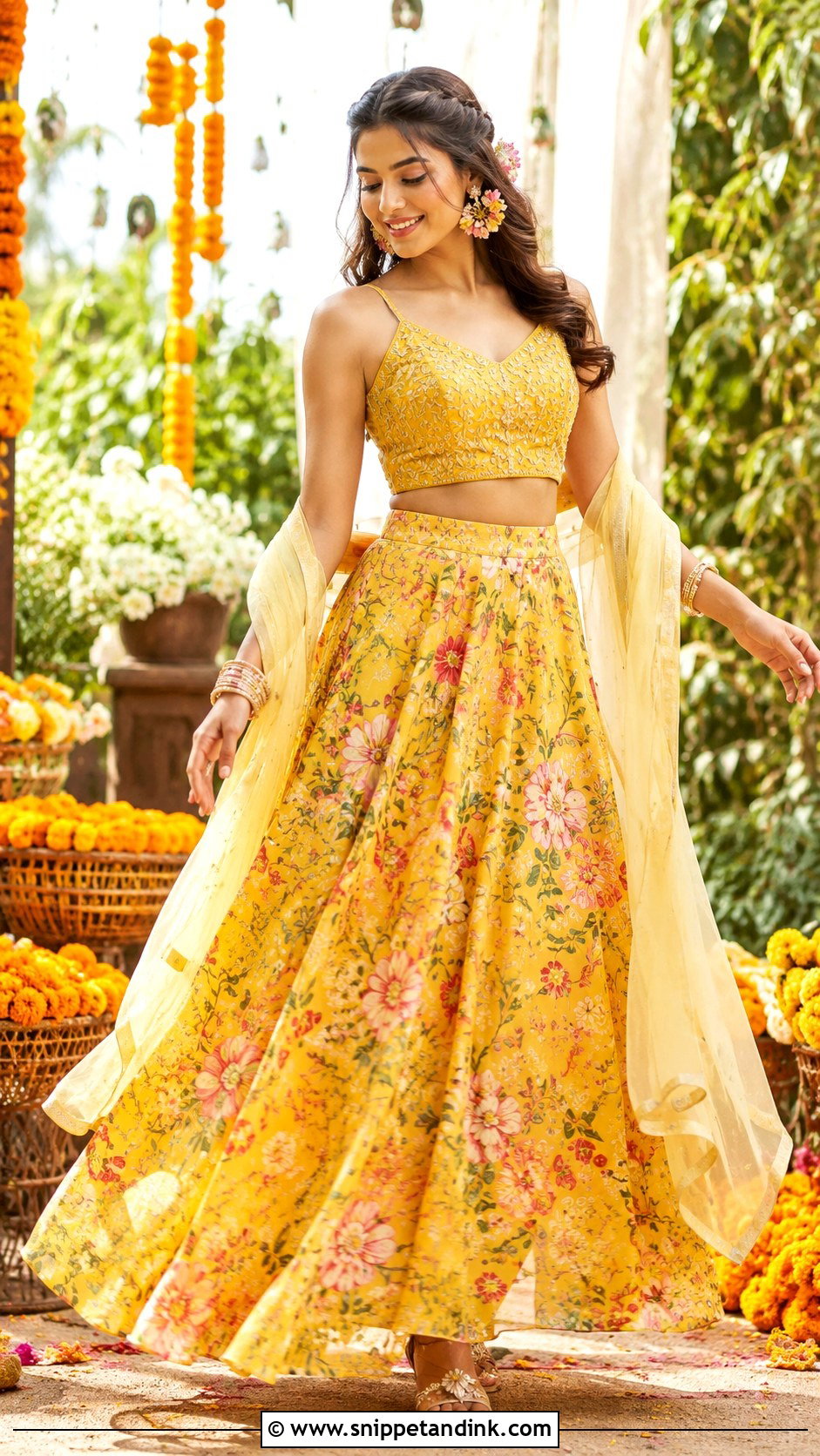 Floral Skirt And Crop Top For Haldi - Snippet and Ink - 25 Haldi Dress for Bride Sister Ideas