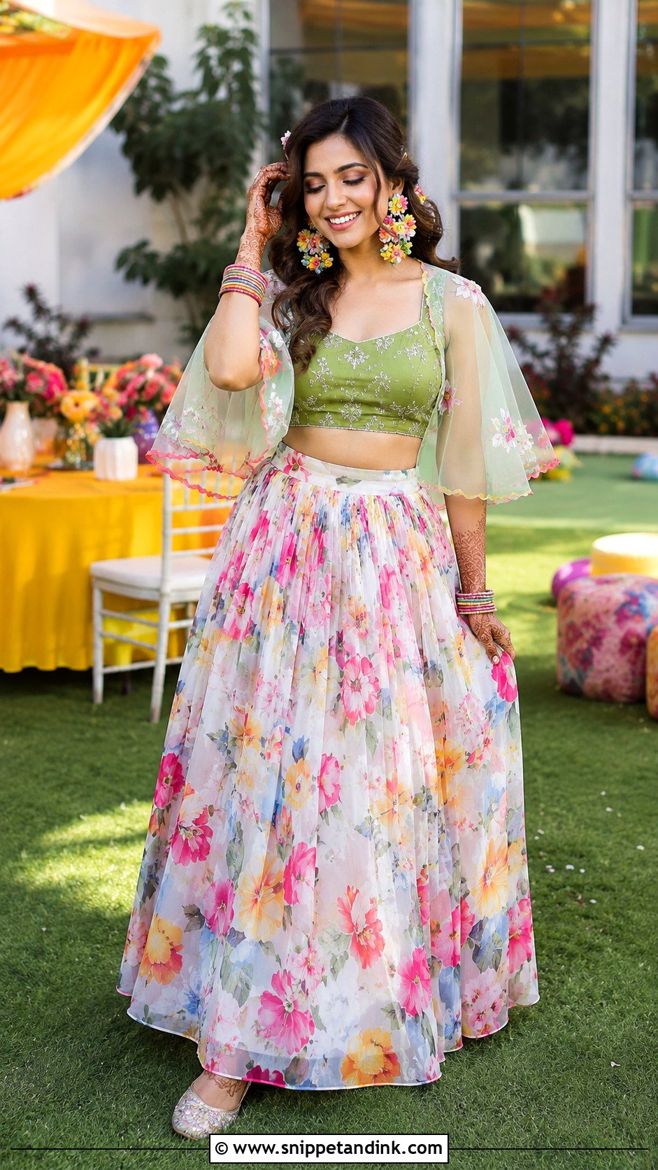 Floral Skirt And Crop Top Mehandi Bridal Outfit - Snippet and Ink - 20 Mehandi Bridal Dress Ideas