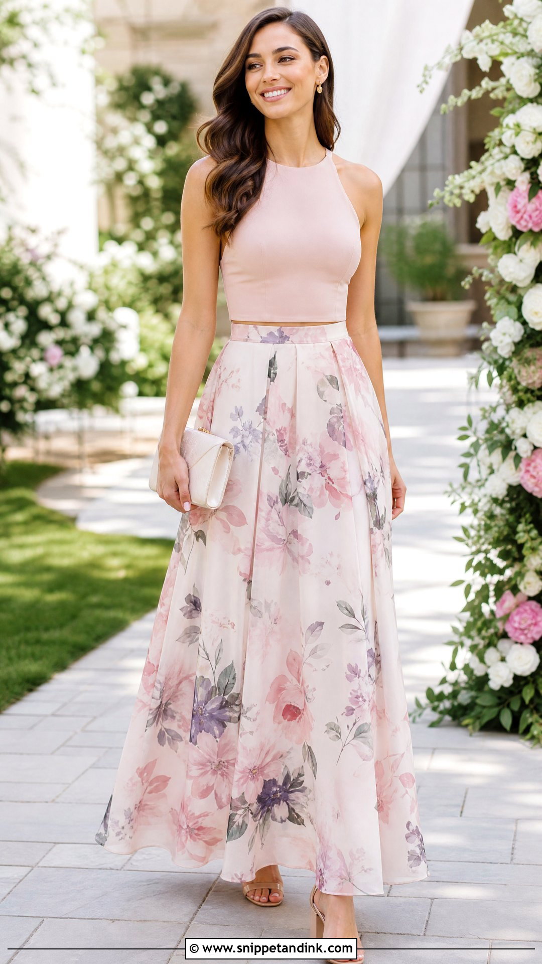Floral Skirt And Solid Top Bridesmaid Outfit - Snippet and Ink - 20 Spring Wedding Party Attire Ideas