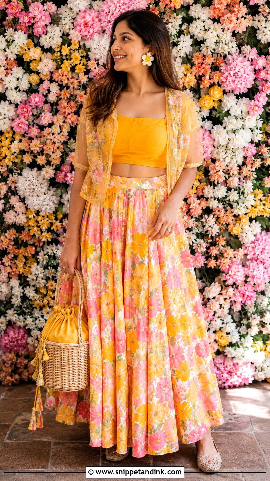 Floral Skirt And Yellow Crop Top Haldi Outfit - Snippet and Ink - 20 Indowestern Haldi Ceremony Outfit Ideas