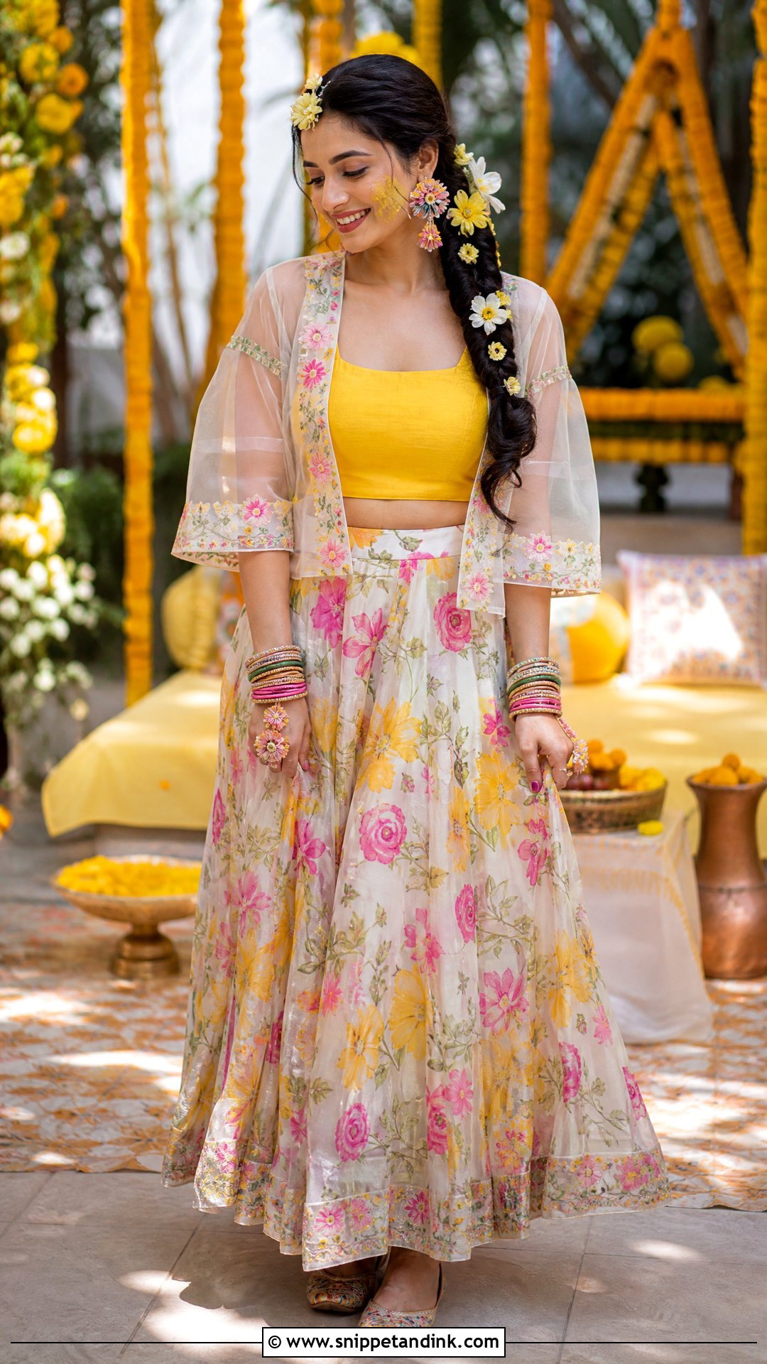 Floral Skirt With Yellow Crop Top - Snippet and Ink - 20 Western Pithi Outfit Brides Ideas