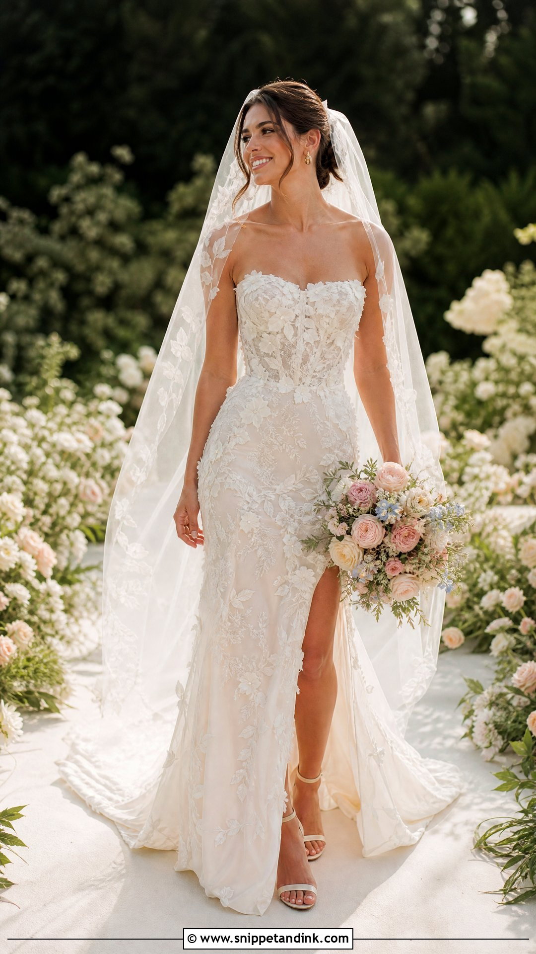 Floral Strapless Wedding Dress With Floral Veil - Snippet and Ink - 25 Floral Wedding Dress Ideas