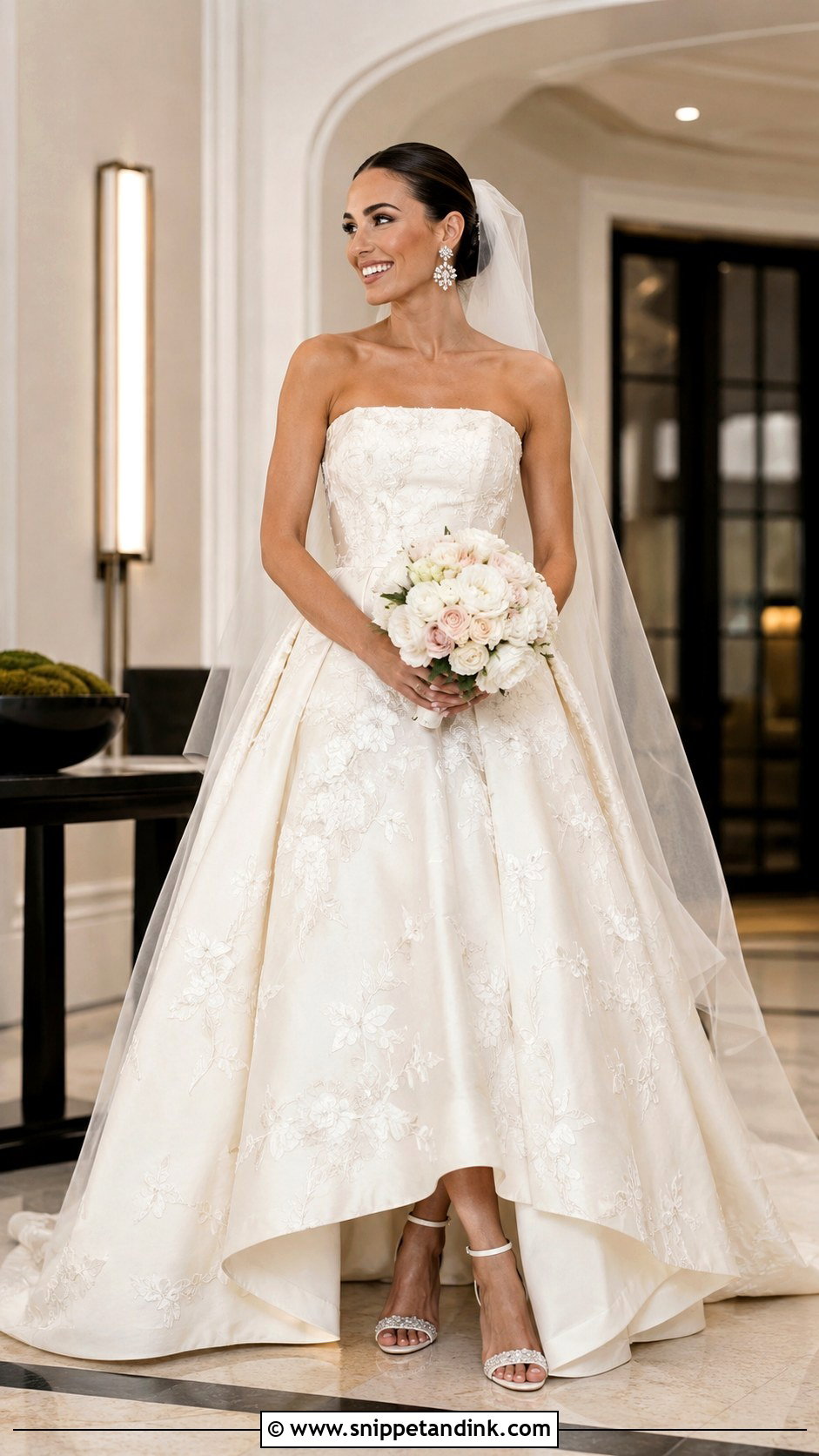 Floral Strapless Wedding Dress With Statement Earrings - Snippet and Ink - 25 Wedding Dresses with Flowers
