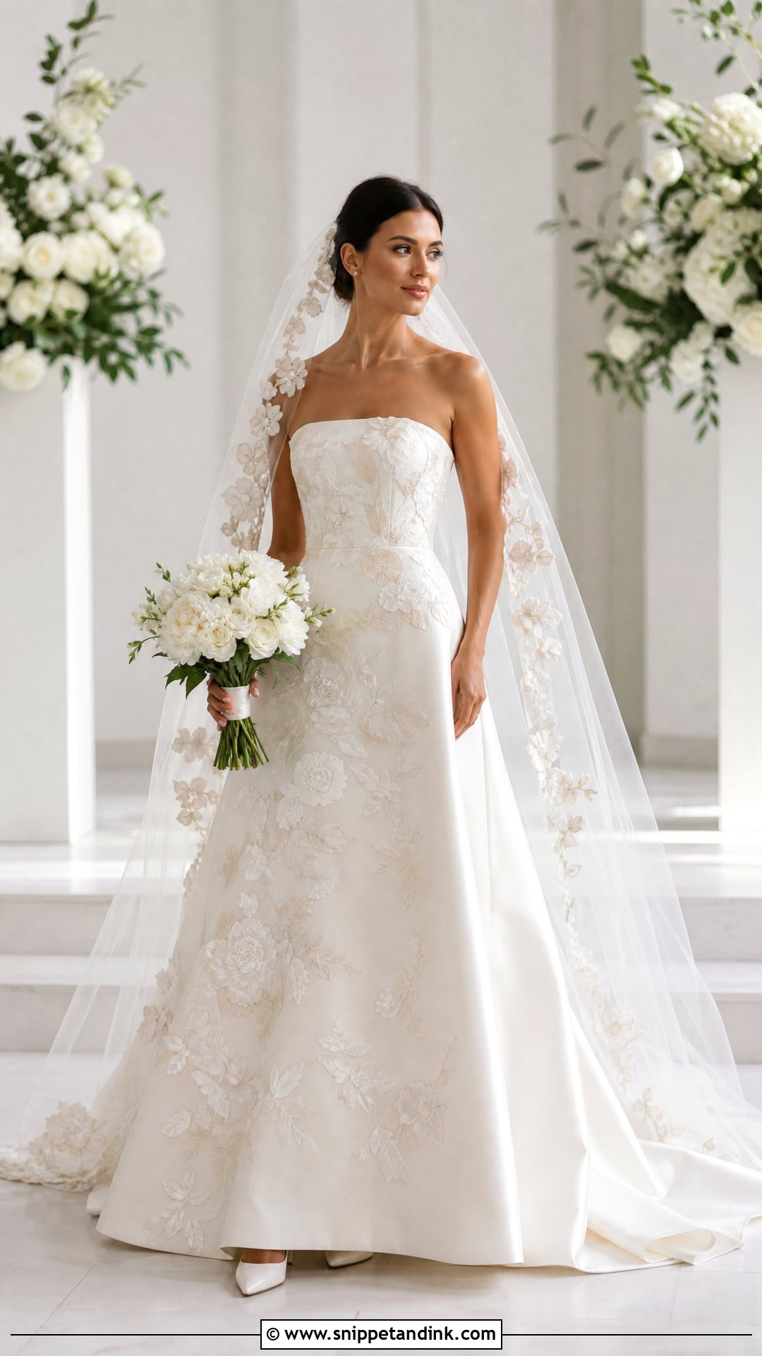 Floral Strapless Wedding Dress With Statement Veil - Snippet and Ink - 25 Floral Wedding Dresses