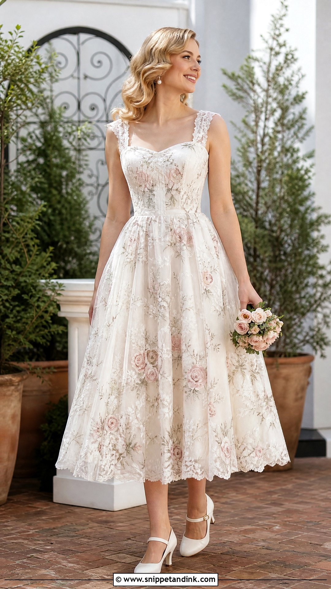 Floral Tea Length Wedding Dress With Mary Jane Heels - Snippet and Ink - 25 Floral Wedding Dress Ideas