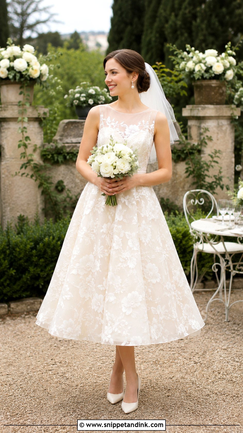 Floral Tea Length Wedding Dress With Pumps - Snippet and Ink - 25 Wedding Dresses with Flowers