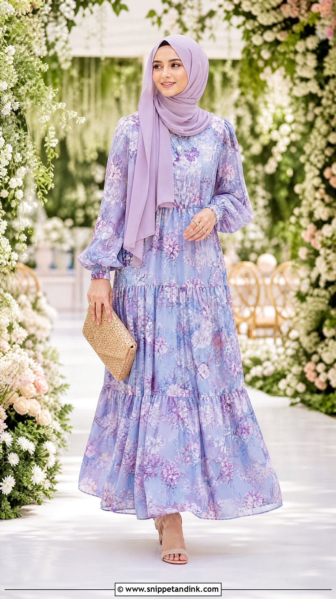 Floral Tiered Maxi Dress With Hijab - Snippet and Ink - 20 Hijabi Wedding Outfit Ideas