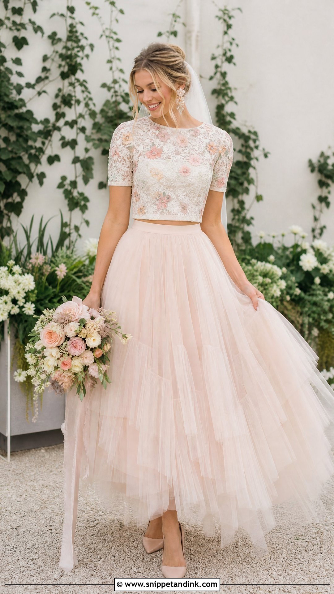 Floral Top And Blush Skirt Wedding Dress Separates - Snippet and Ink - 20 Wedding Dress Separates Ideas