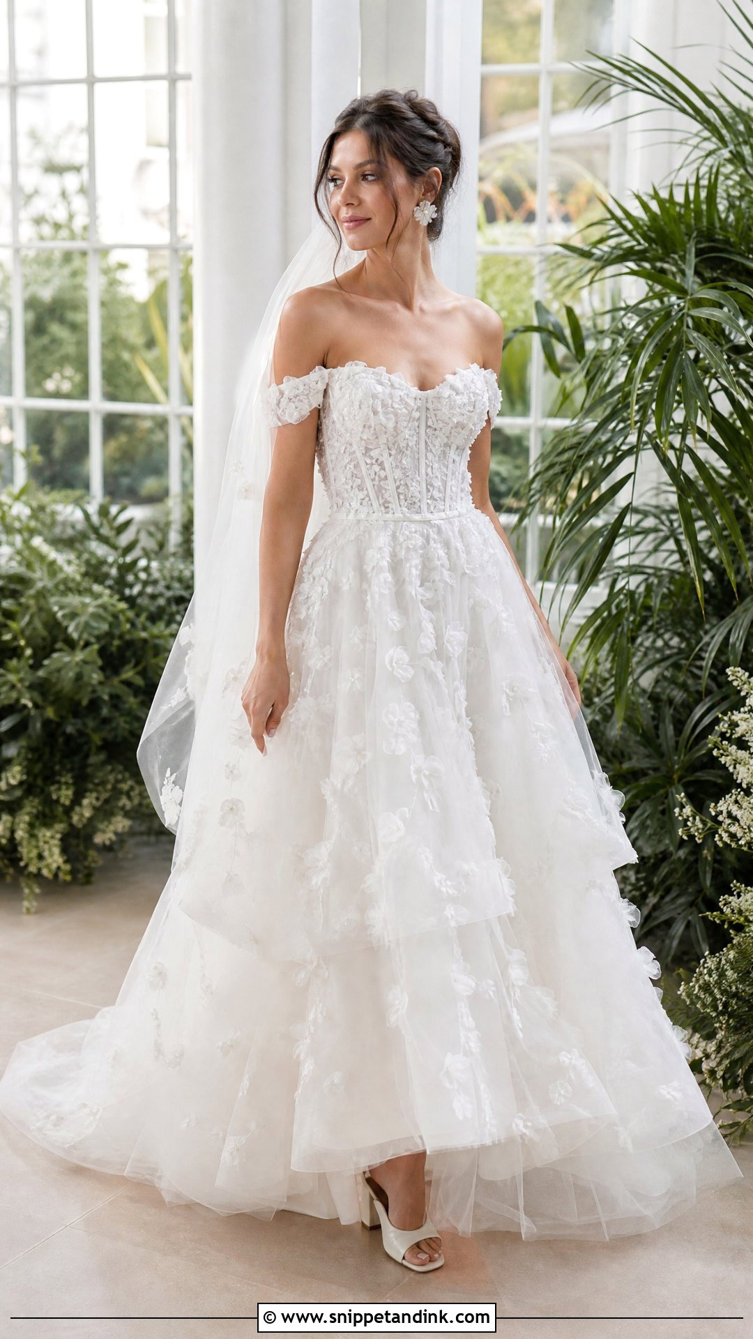 Floral Tulle Off Shoulder Bridal Dress - Snippet and Ink - 20 Off Shoulder Bridal Dress Ideas