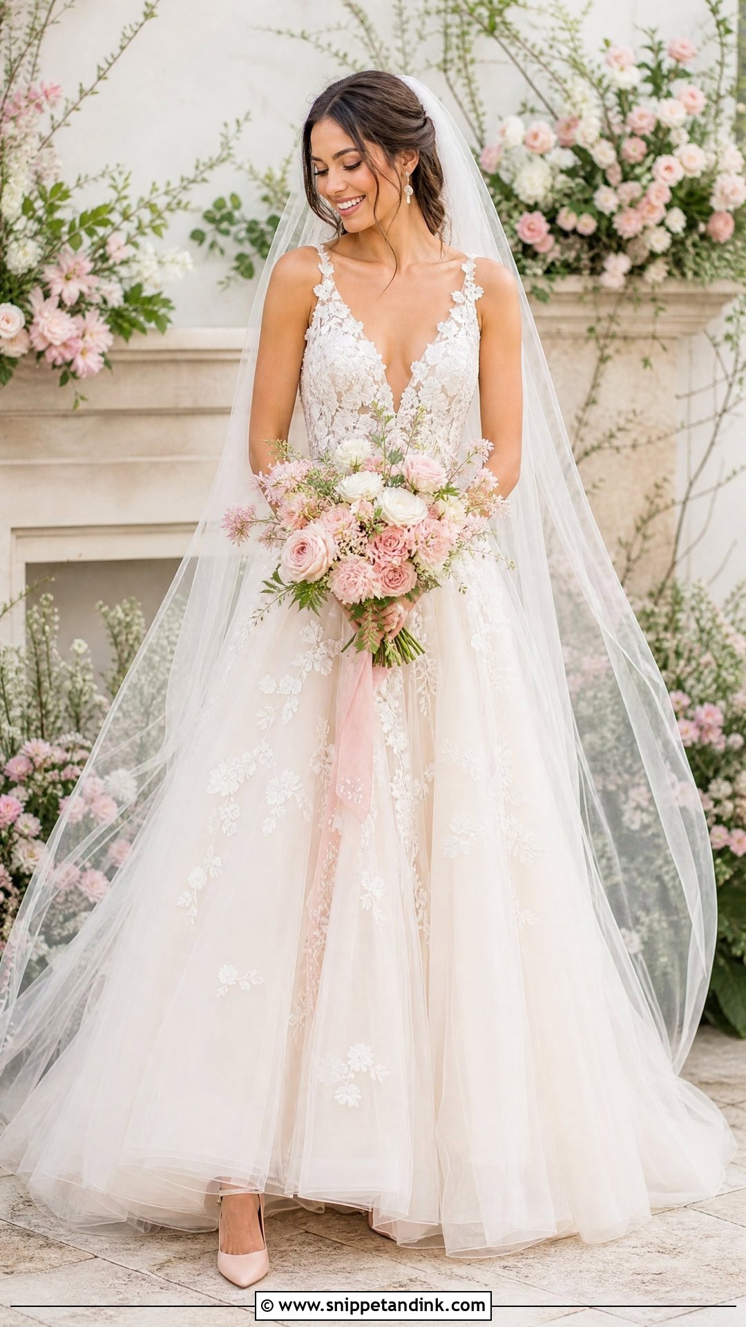 Floral Tulle Wedding Dress With Blush Shoes - Snippet and Ink - 25 Floral Wedding Dresses