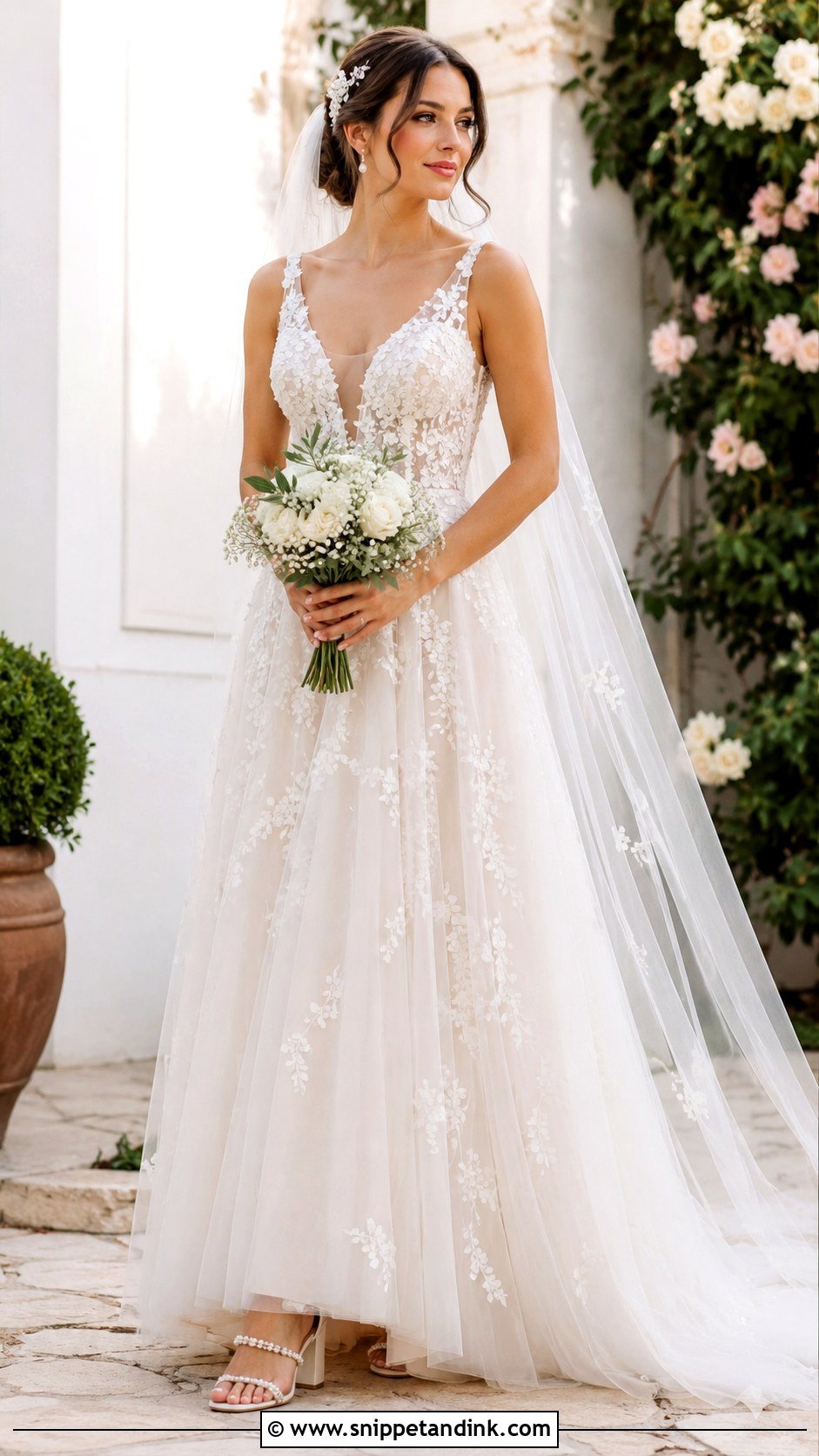Floral Tulle Wedding Dress With Pearl Accessories - Snippet and Ink - 25 Wedding Dresses with Flowers
