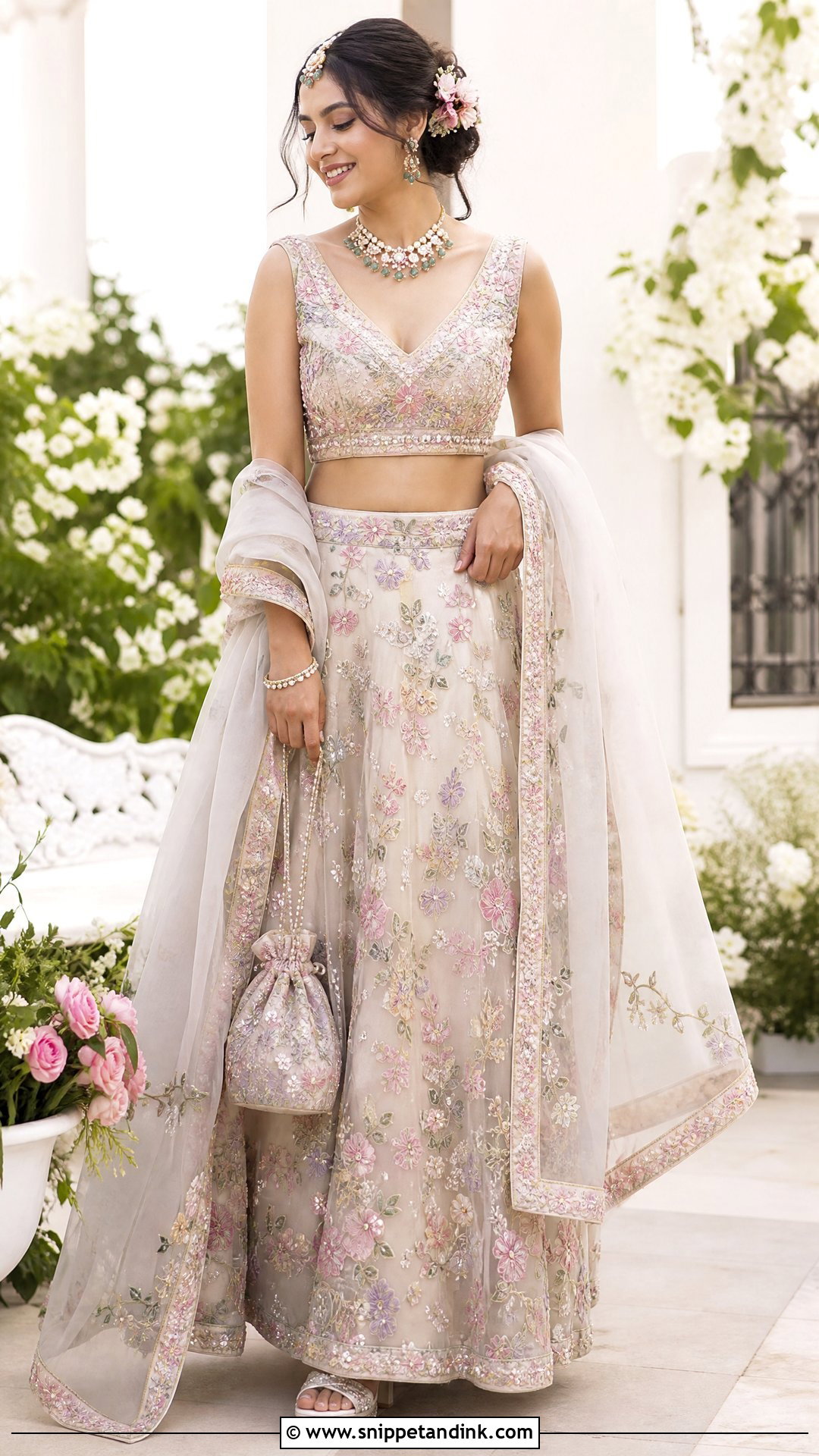 Floral V Neck Bridal Blouse With Pastel Lehenga - Snippet and Ink - 20 V Neck Bridal Blouse Ideas