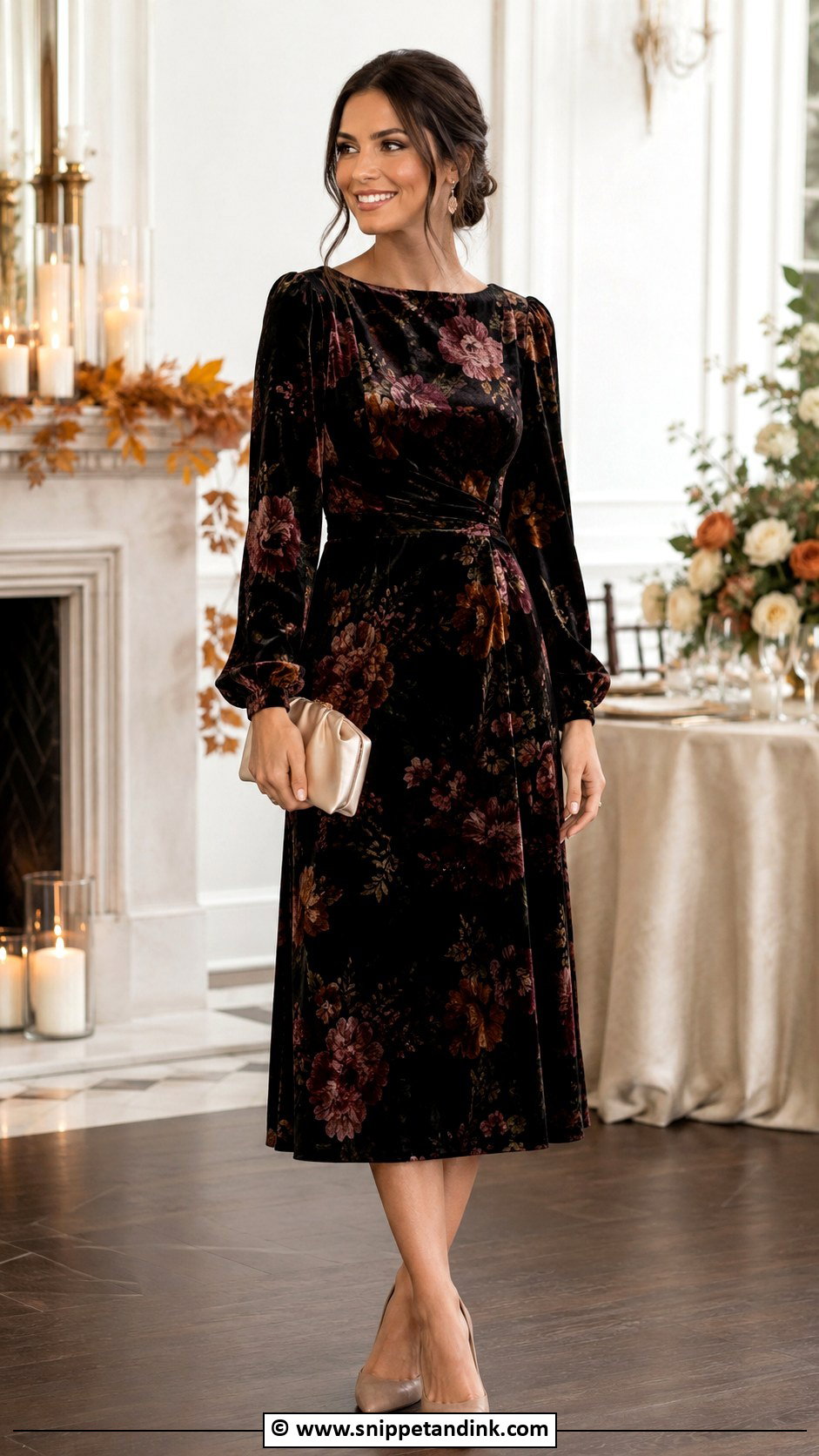 Floral Velvet Dress Outfit - Snippet and Ink - 30 Autumn Wedding Dress Ideas
