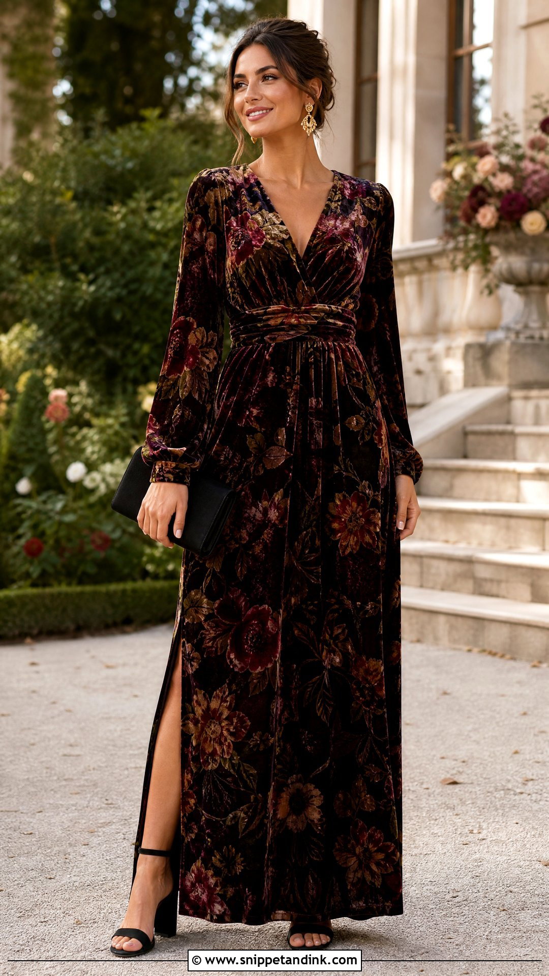 Floral Velvet Fall Bridesmaid Maxi Dress - Snippet and Ink - 20 Fall Wedding Party Attire Ideas