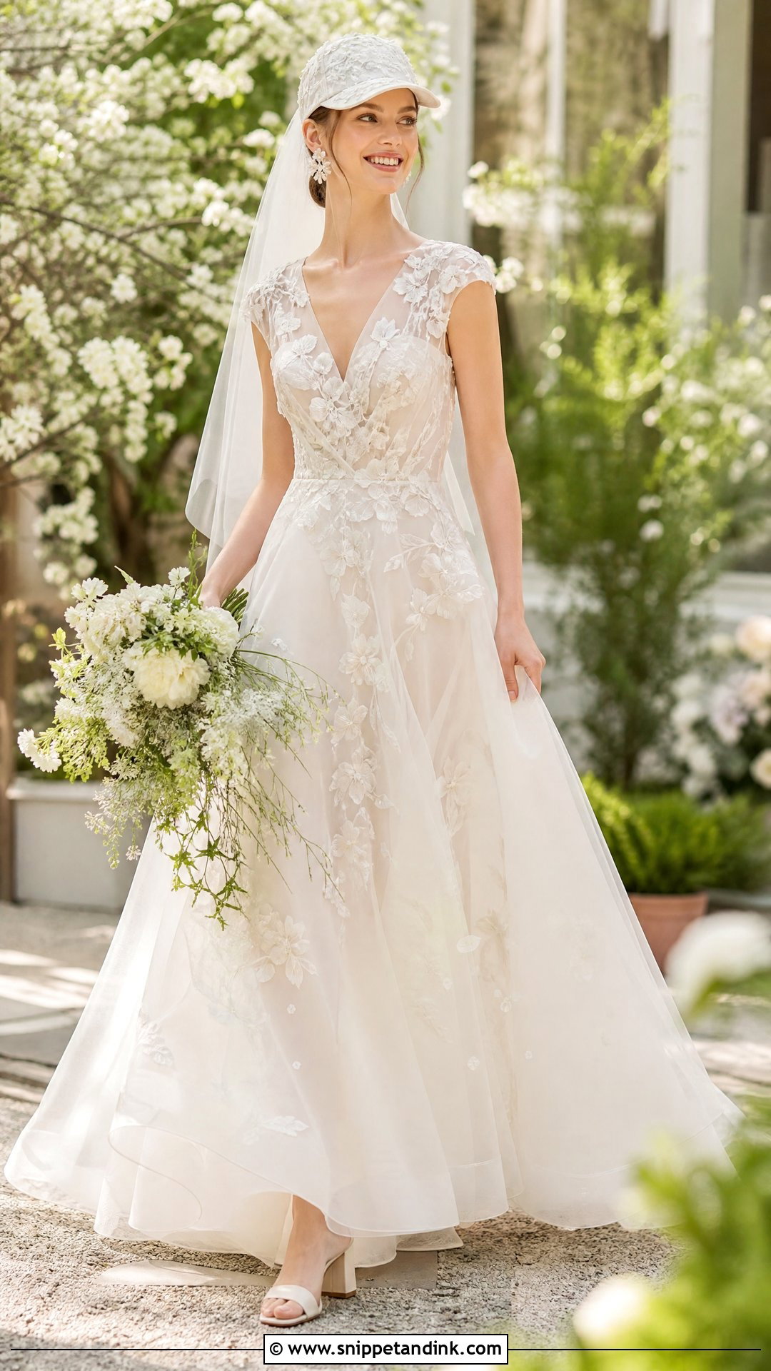 Floral Wedding Cap With A Line Dress - Snippet and Ink - 20 Wedding Cap Ideas