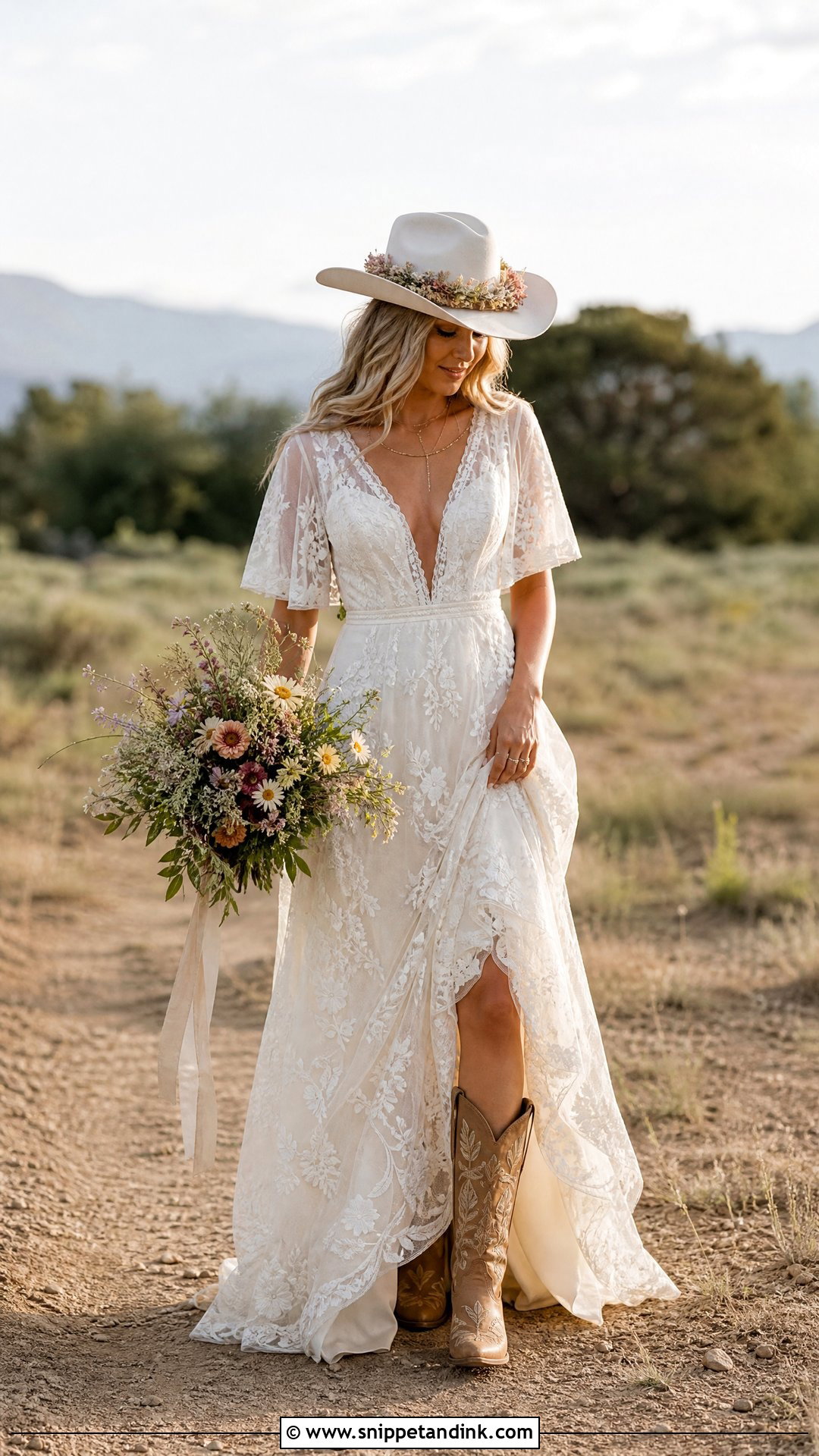 Floral Wedding Cowgirl Hat With Boho Dress - Snippet and Ink - 20 Wedding Cowgirl Hat Ideas