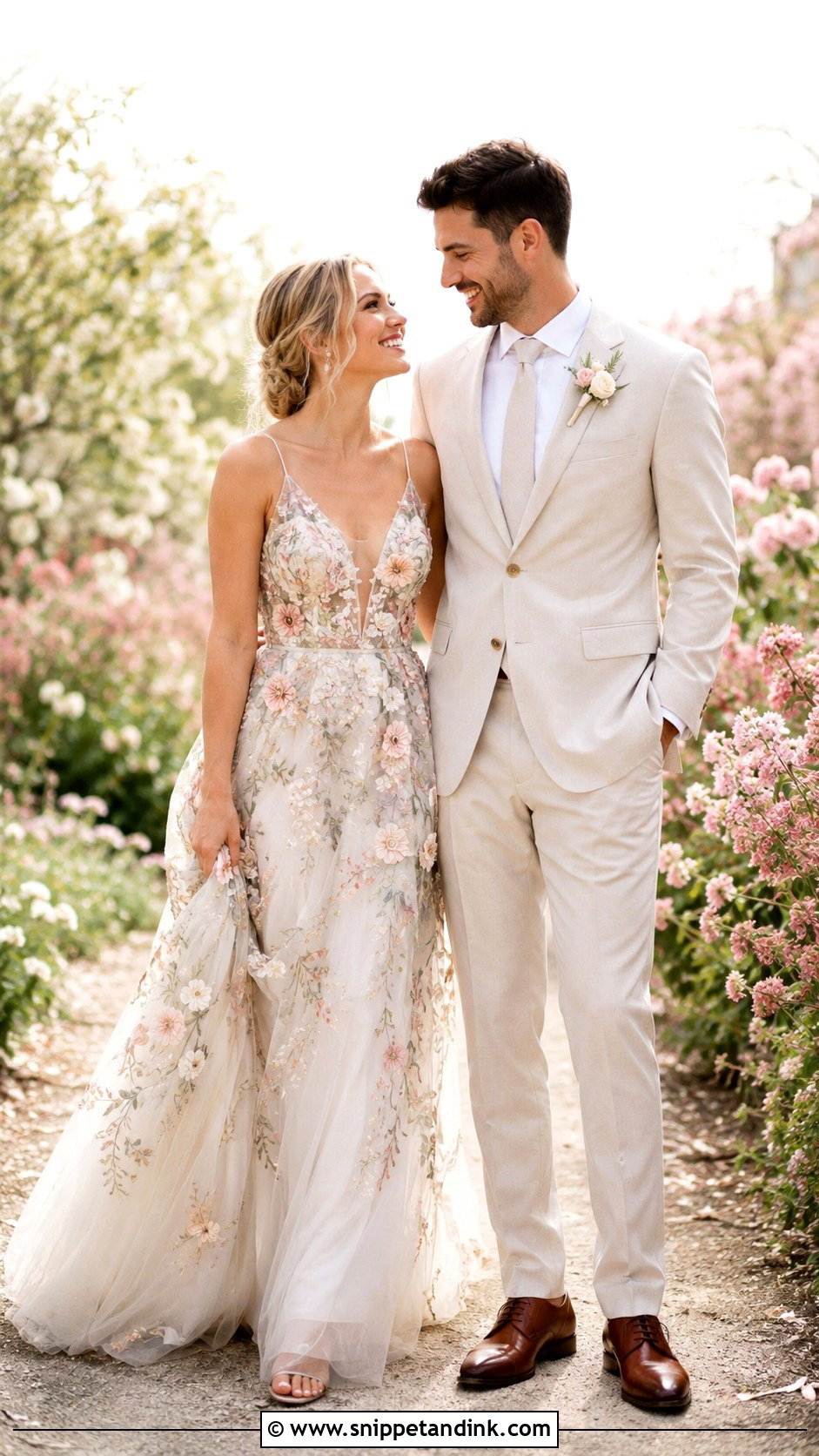 Floral Wedding Dress And Cream Suit Wedding Couple Outfit - Snippet and Ink - 25 Wedding Couple Outfits