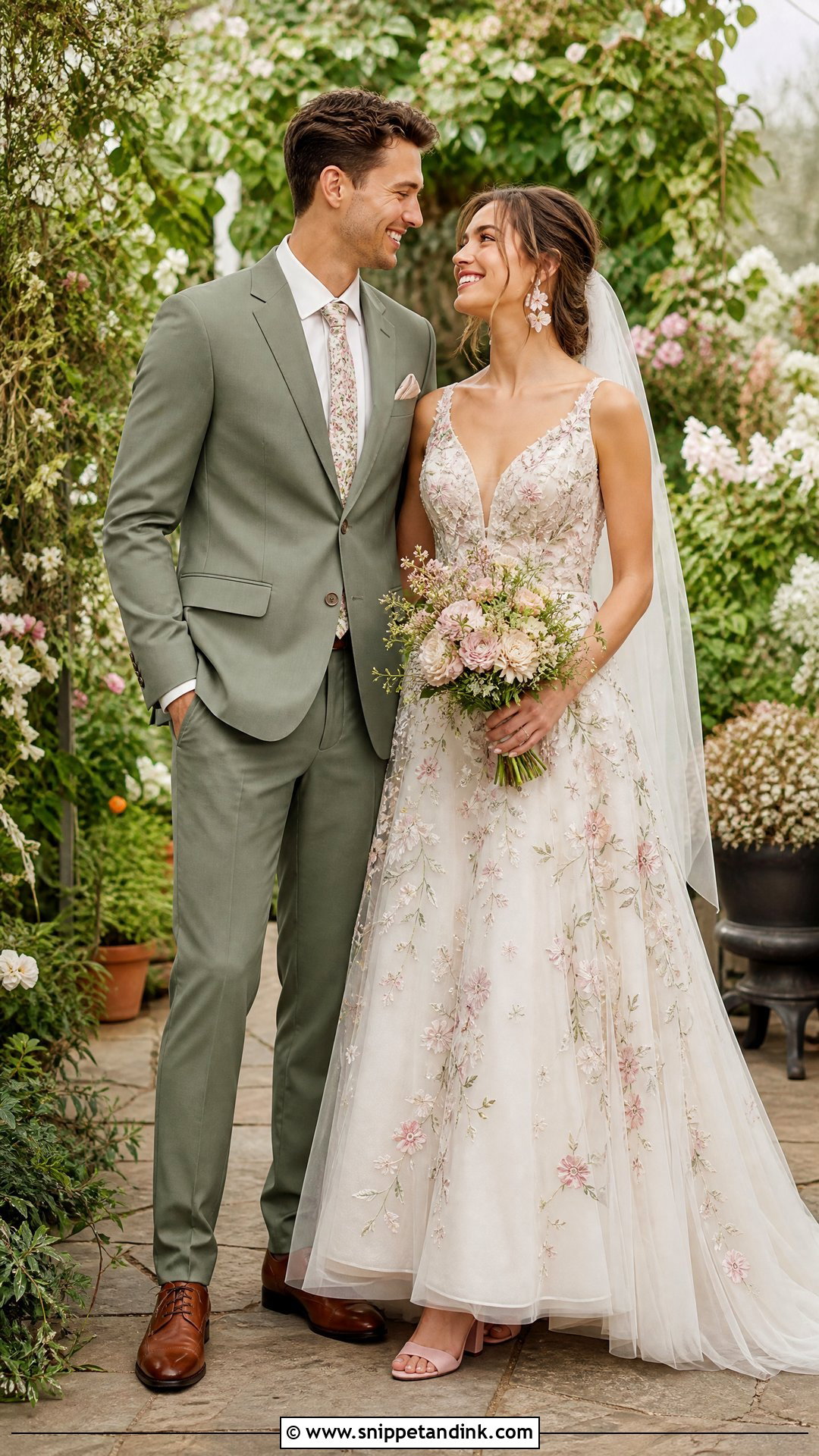 Floral Wedding Dress And Sage Green Suit Couple - Snippet and Ink - 20 Wedding Dresses for Couple