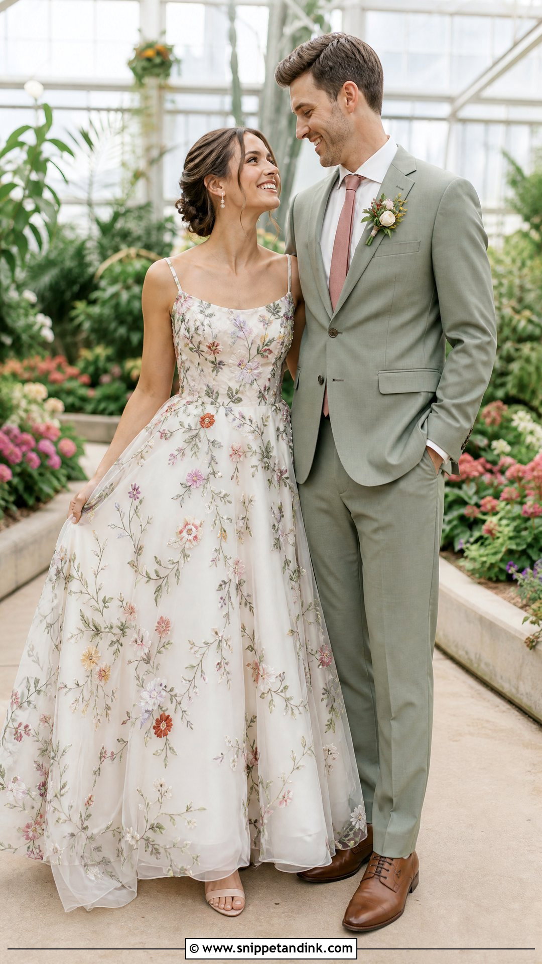Floral Wedding Dress And Sage Green Suit Outfit - Snippet and Ink - 25 Wedding Outfits for Couples