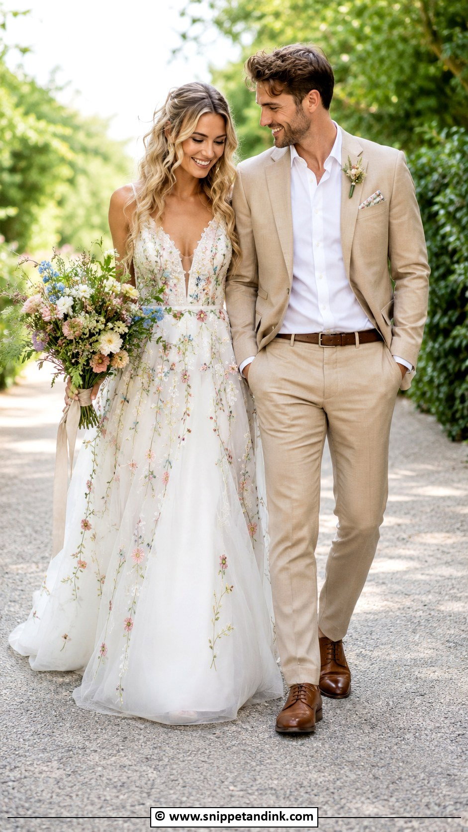 Floral Wedding Dress And Tan Suit - Snippet and Ink - 30 Couple Wedding Dress Ideas