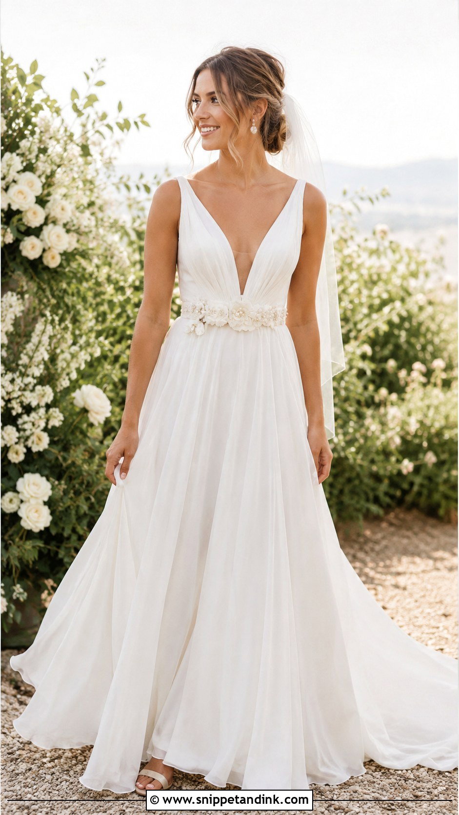 Floral Wedding Dress Belt With Chiffon A Line Gown - Snippet and Ink - 20 Wedding Dress Belt Ideas