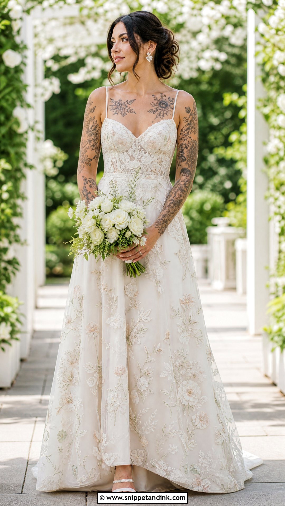 Floral Wedding Dress With Black And Gray Tattoos - Snippet and Ink - 20 Tattoos in Wedding Dress Ideas