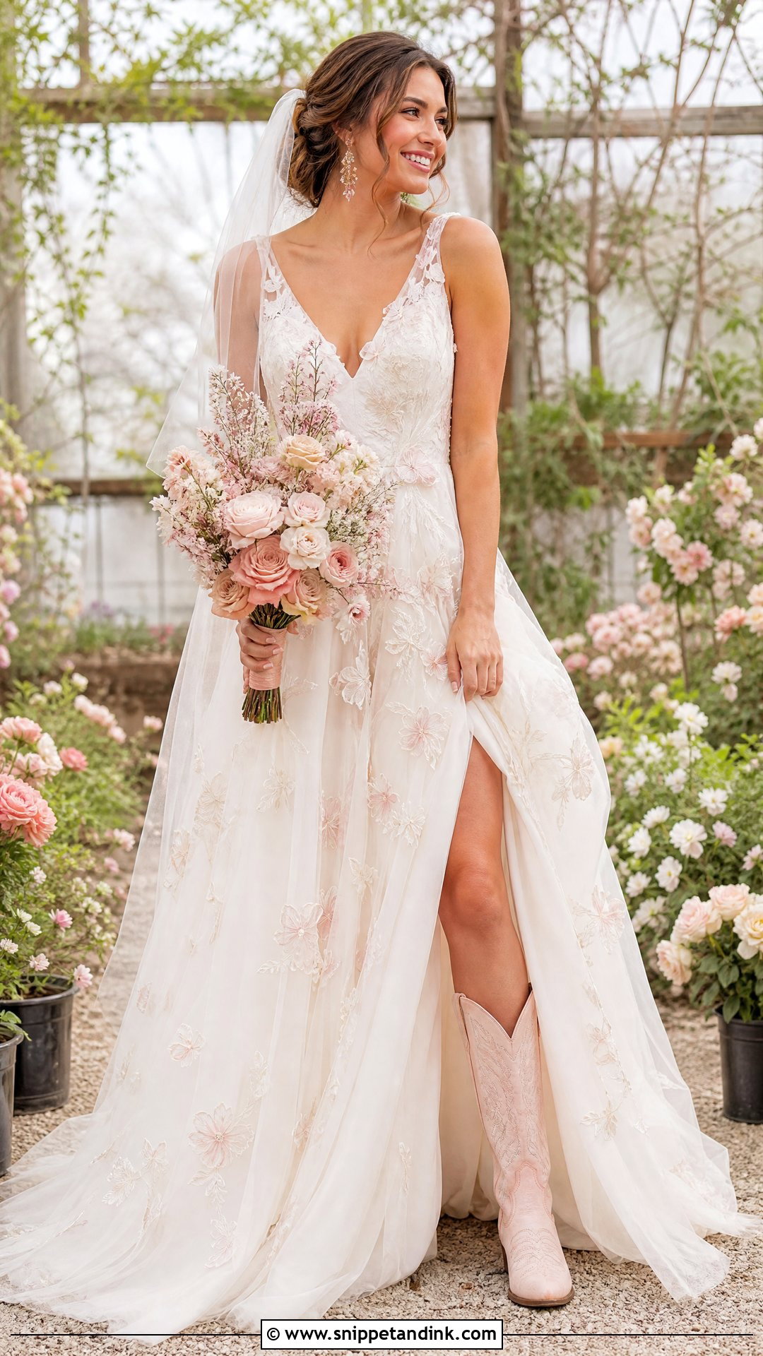 Floral Wedding Dress With Blush Cowboy Boots - Snippet and Ink - 20 Wedding Cowboy Boots for Bride Ideas