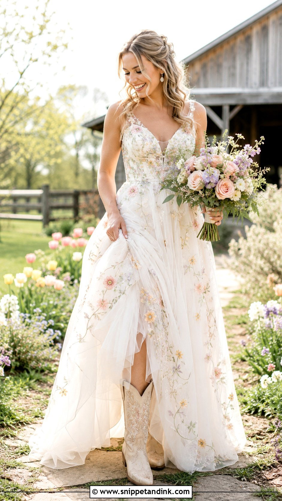 Floral Wedding Dress With Boots - Snippet and Ink - 25 Country Wedding Dresses with Boots