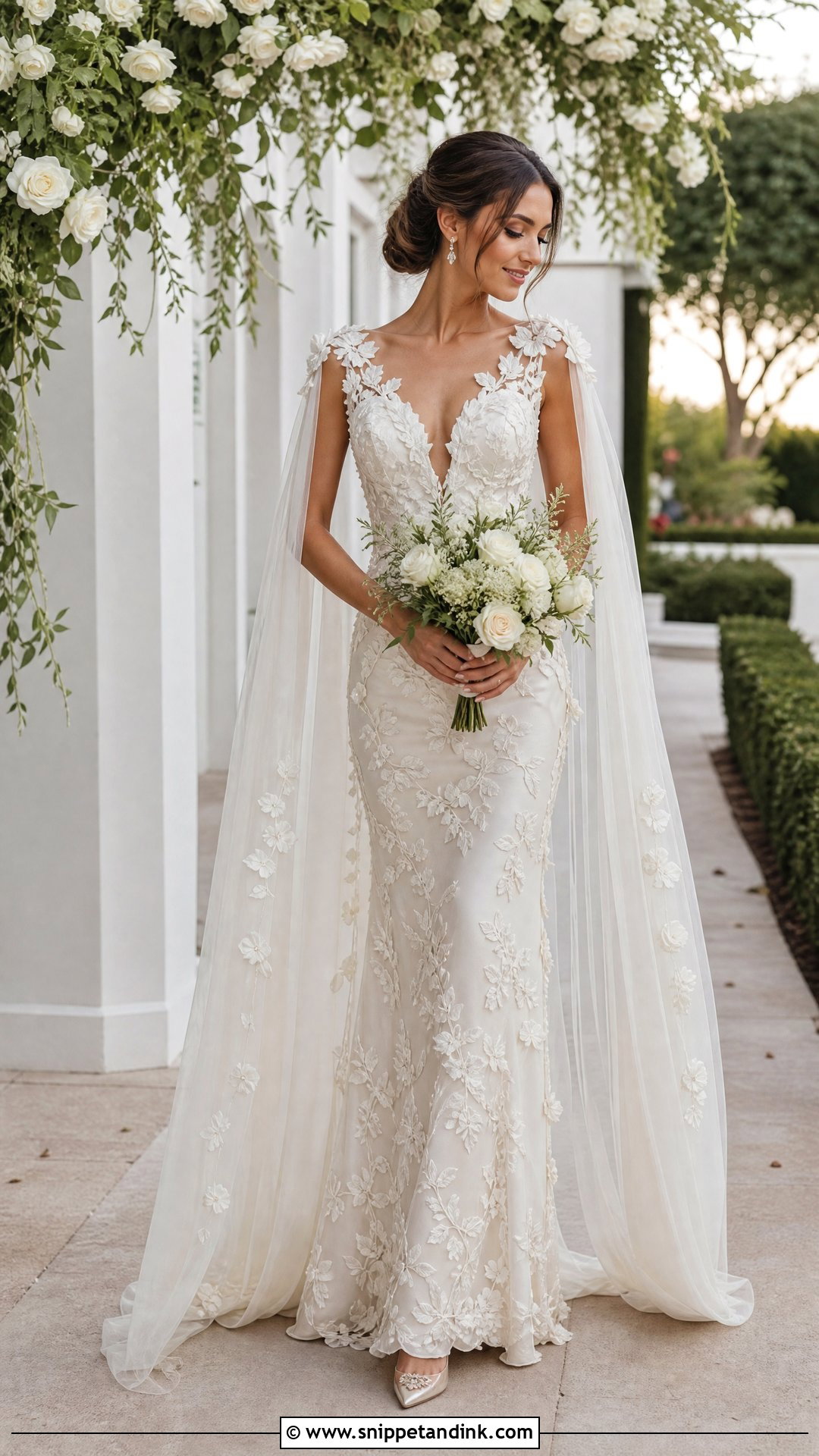 Floral Wedding Dress With Cape Veil - Snippet and Ink - 25 Floral Wedding Dresses