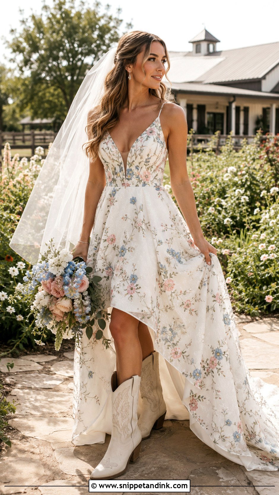 Floral Wedding Dress With Cowgirl Boots - Snippet and Ink - 20 Cowgirl Boots Wedding Dress Ideas