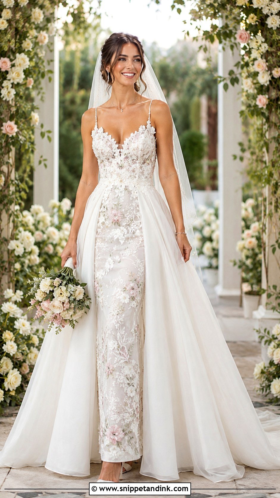 Floral Wedding Dress With Detachable Plain Overskirt - Snippet and Ink - 25 Two in One Wedding Dress Ideas