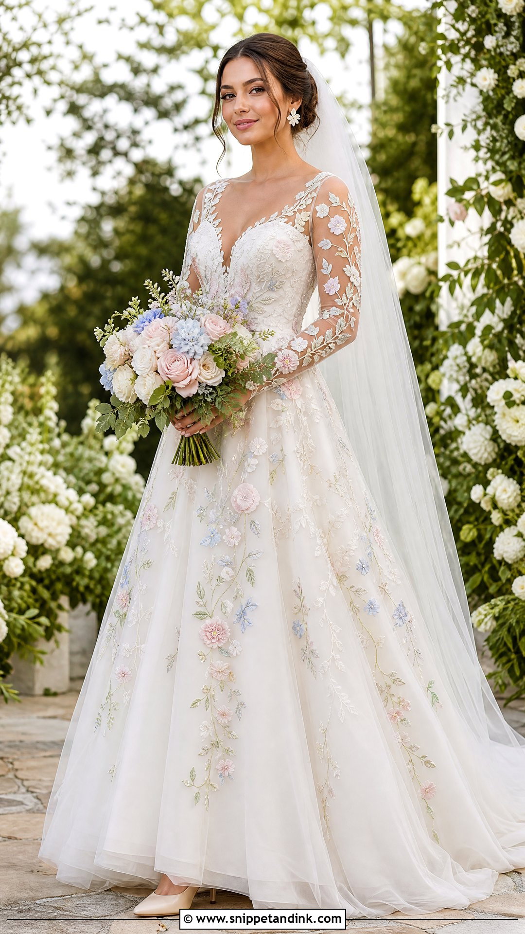 Floral Wedding Dress With Embroidered Sleeves - Snippet and Ink - 20 Wedding Dress for Big Arms Ideas