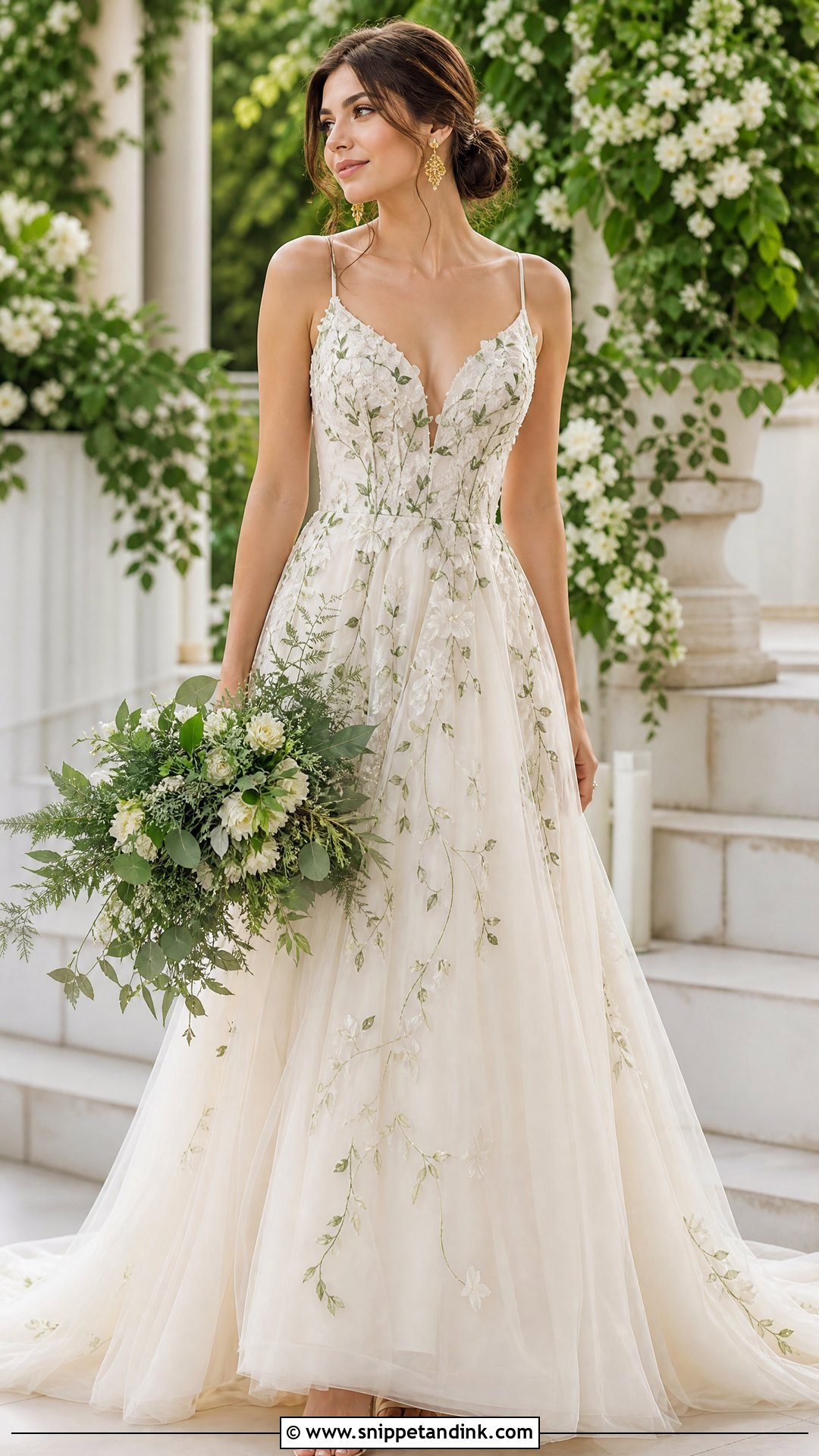 Floral Wedding Dress With Green Vine Embroidery - Snippet and Ink - 25 Floral Wedding Dresses