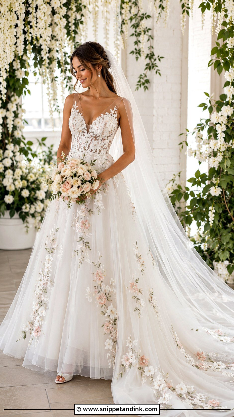 Floral Wedding Dress With Long Train - Snippet and Ink - 25 Long Train Wedding Dress Ideas