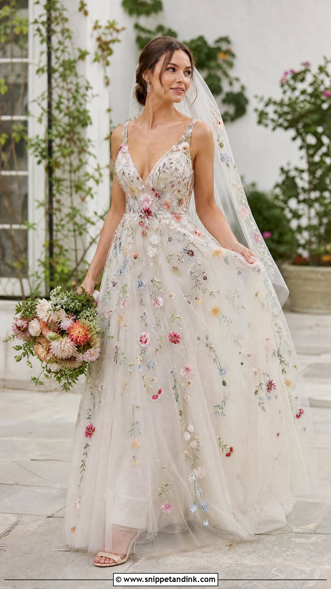 Floral Wedding Dress With Simple Accessories - Snippet and Ink - 20 Nontraditional Wedding Dress Color Ideas