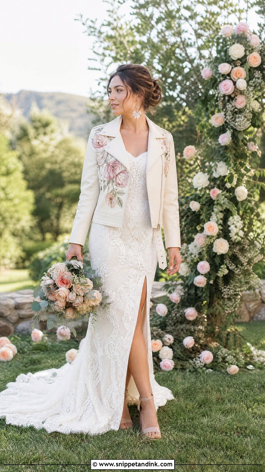 Floral Wedding Leather Jacket With Lace Dress - Snippet and Ink - 20 Wedding Leather Jacket Ideas