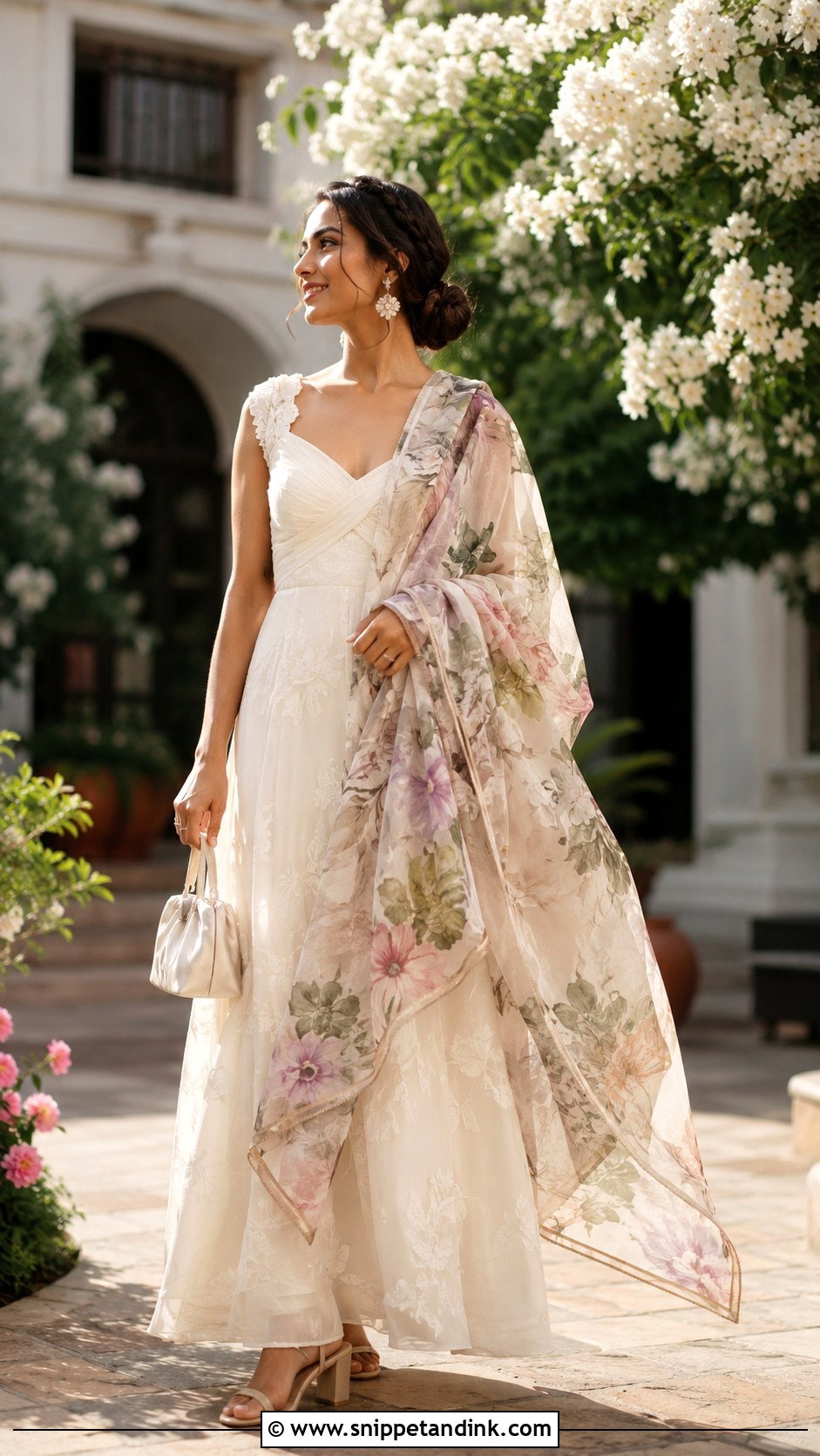 Floral Wedding Scarf With Garden Gown - Snippet and Ink - 20 Wedding Scarf Styles