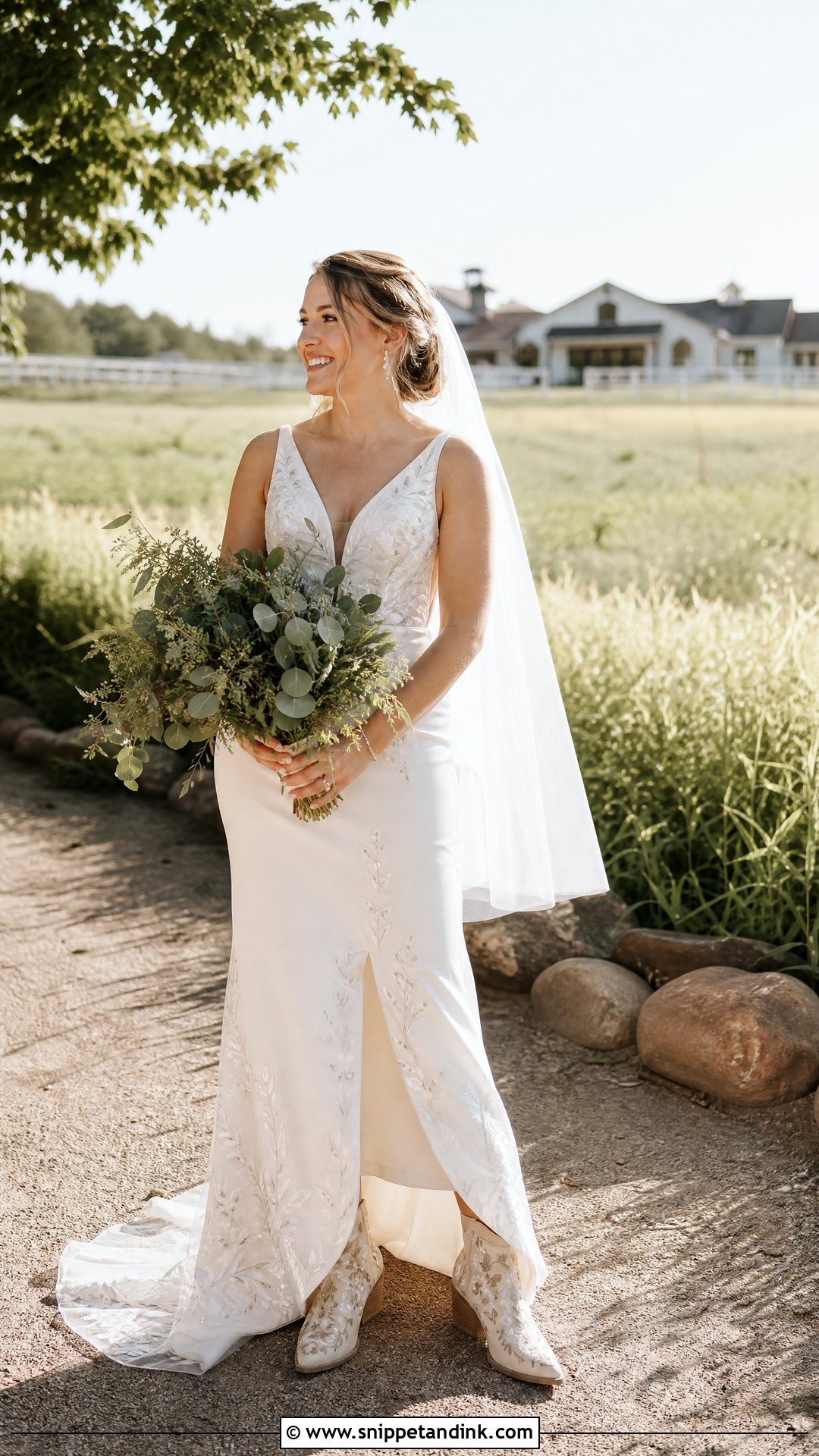 Floral Western Heels With Embroidered Wedding Dress - Snippet and Ink - 20 Western Wedding Heels Ideas