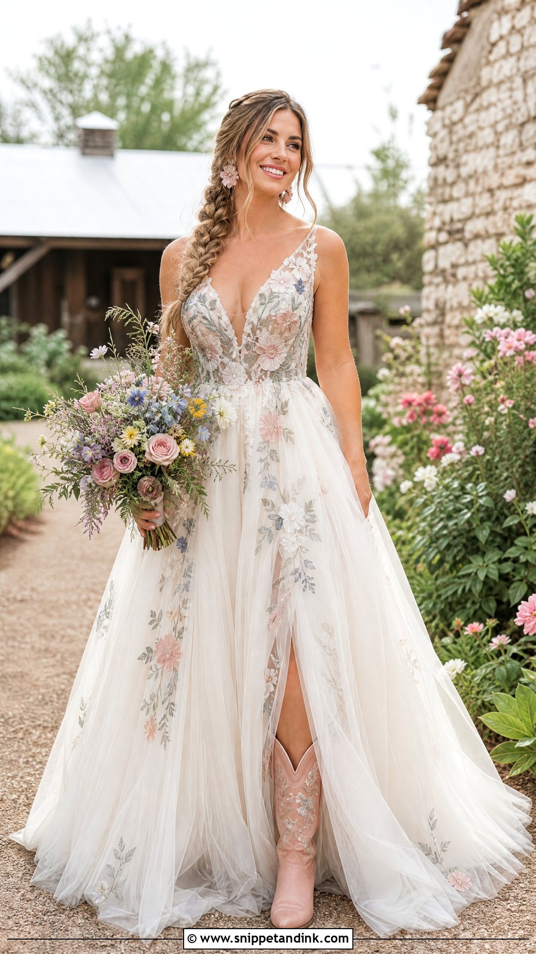 Floral Western Wedding Dress With Blush Cowboy Boots - Snippet and Ink - 20 Western Wedding Dresses with Boots