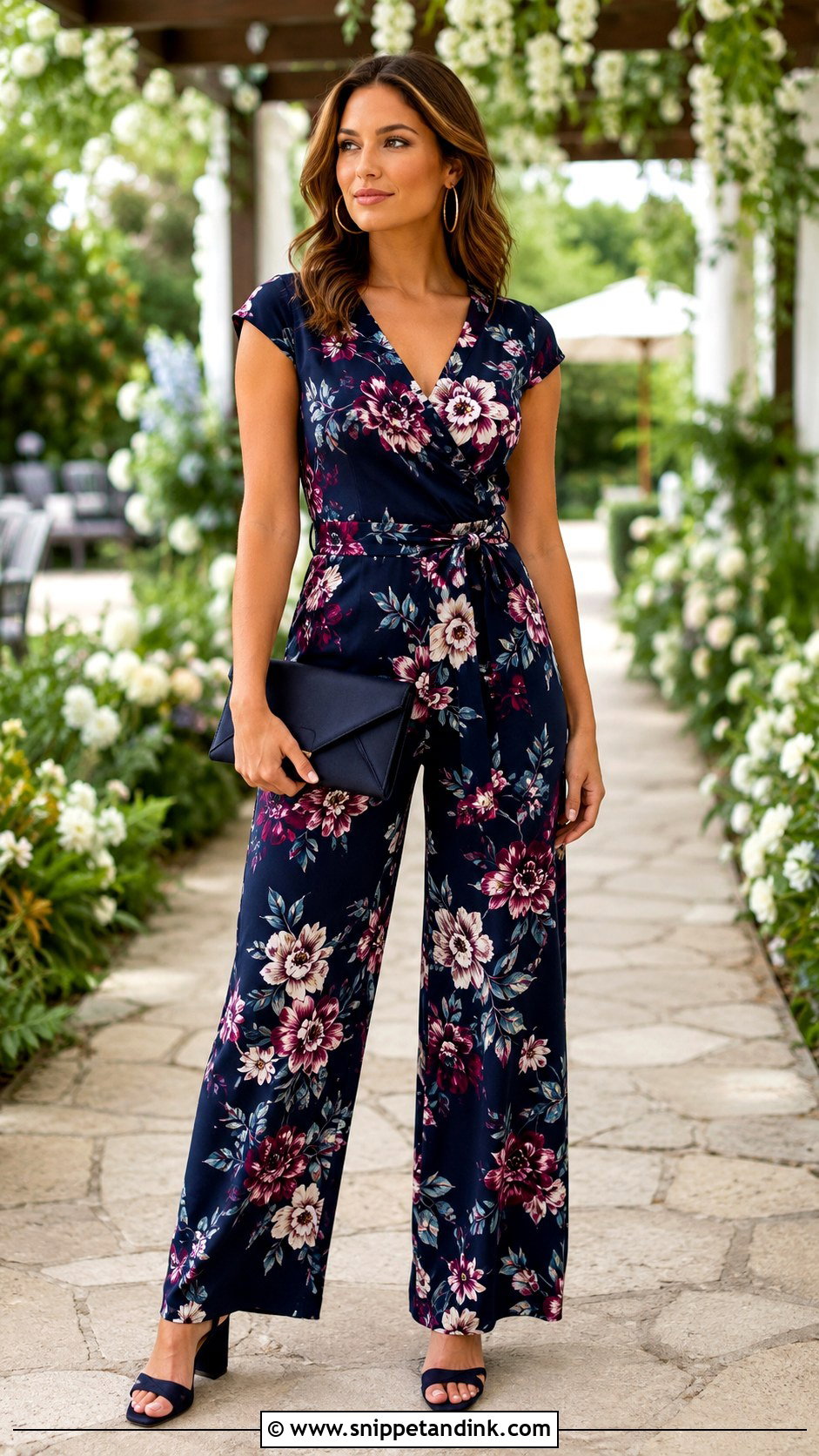 Floral Wide Leg Jumpsuit With Clutch - Snippet and Ink - 20 Elevated Garden Party Wedding Attire Ideas