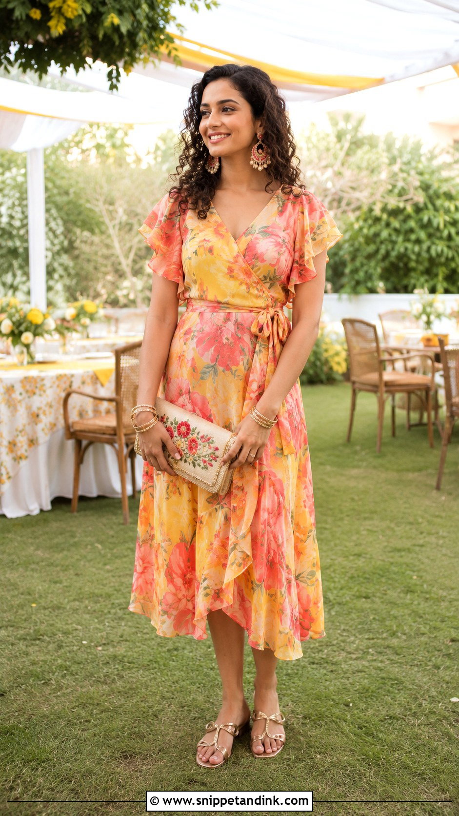 Floral Wrap Dress Haldi Outfit - Snippet and Ink - 20 Haldi Western Outfit Ideas