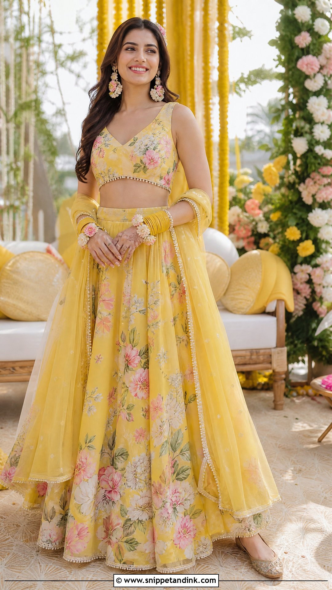 Floral Yellow Lehenga Haldi Outfit - Snippet and Ink - 25 Simple Haldi Outfit for Bride Ideas